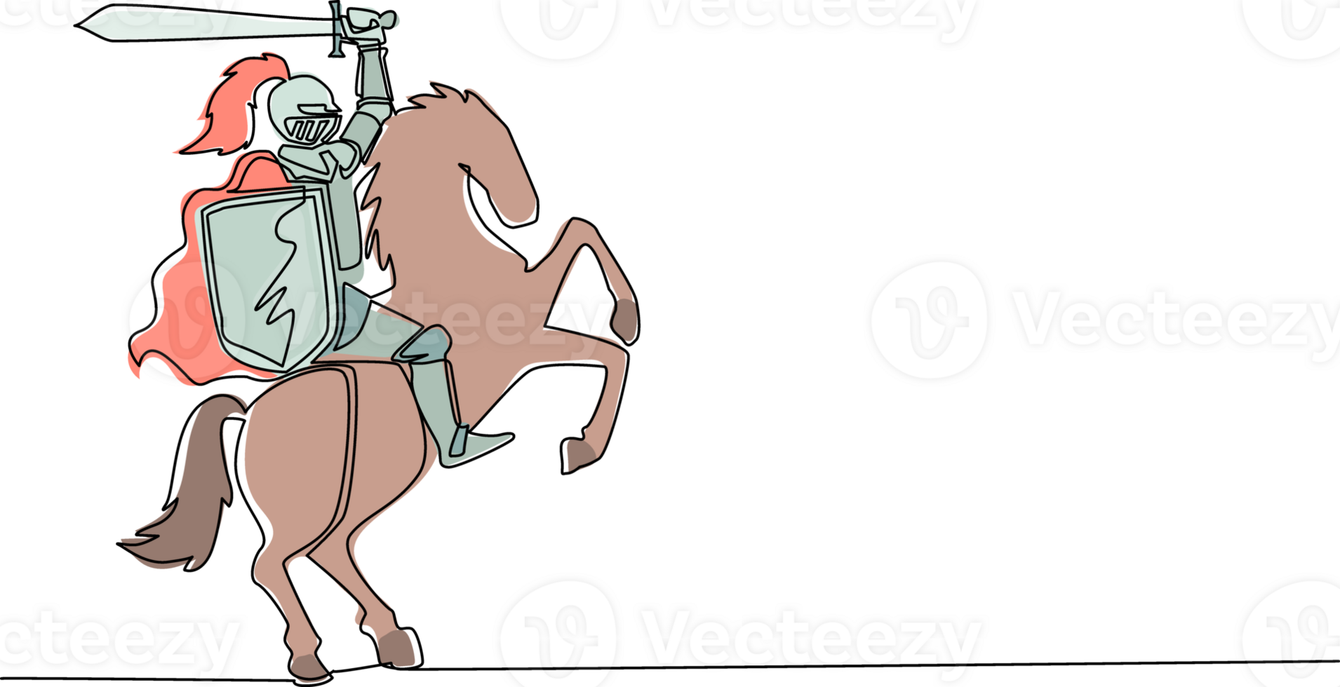 Single kontinuierlich Linie Zeichnung mittelalterlich bewaffnet Ritter Reiten Pferd. historisch uralt Militär- Charakter. Prinz mit Schwert und Schild. uralt Kämpfer. dynamisch einer Linie zeichnen Grafik Design png