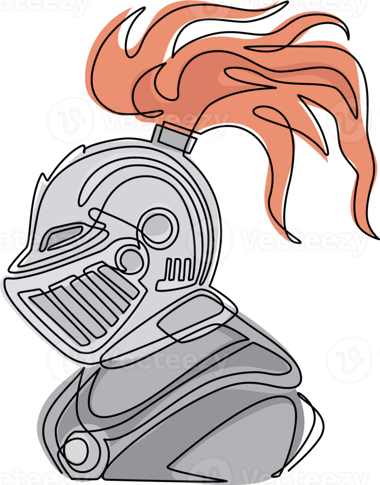 enda ett linje teckning medeltida krigare riddare i hjälm. logotyp, emblem, ikon. medeltida krigare riddare i rustning hjälm med visir och fjäderdräkt, heraldik symboler. kontinuerlig linje dra design png