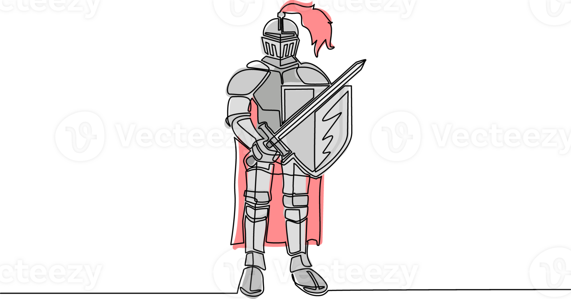 Single continuous line drawing medieval knight in armor, cape, helmet with feather. Warrior of middle ages standing and holding sword and shield. Chivalry figure. One line draw design graphic png