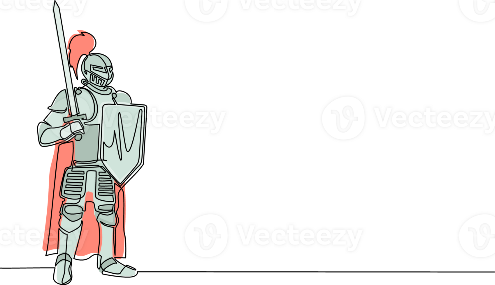 single doorlopend lijn tekening middeleeuws ridder staand in schild en helm Holding schild en verheven zwaard. krijger van midden- leeftijden geïsoleerd. ridderlijkheid figuur. een lijn trek ontwerp illustratie png