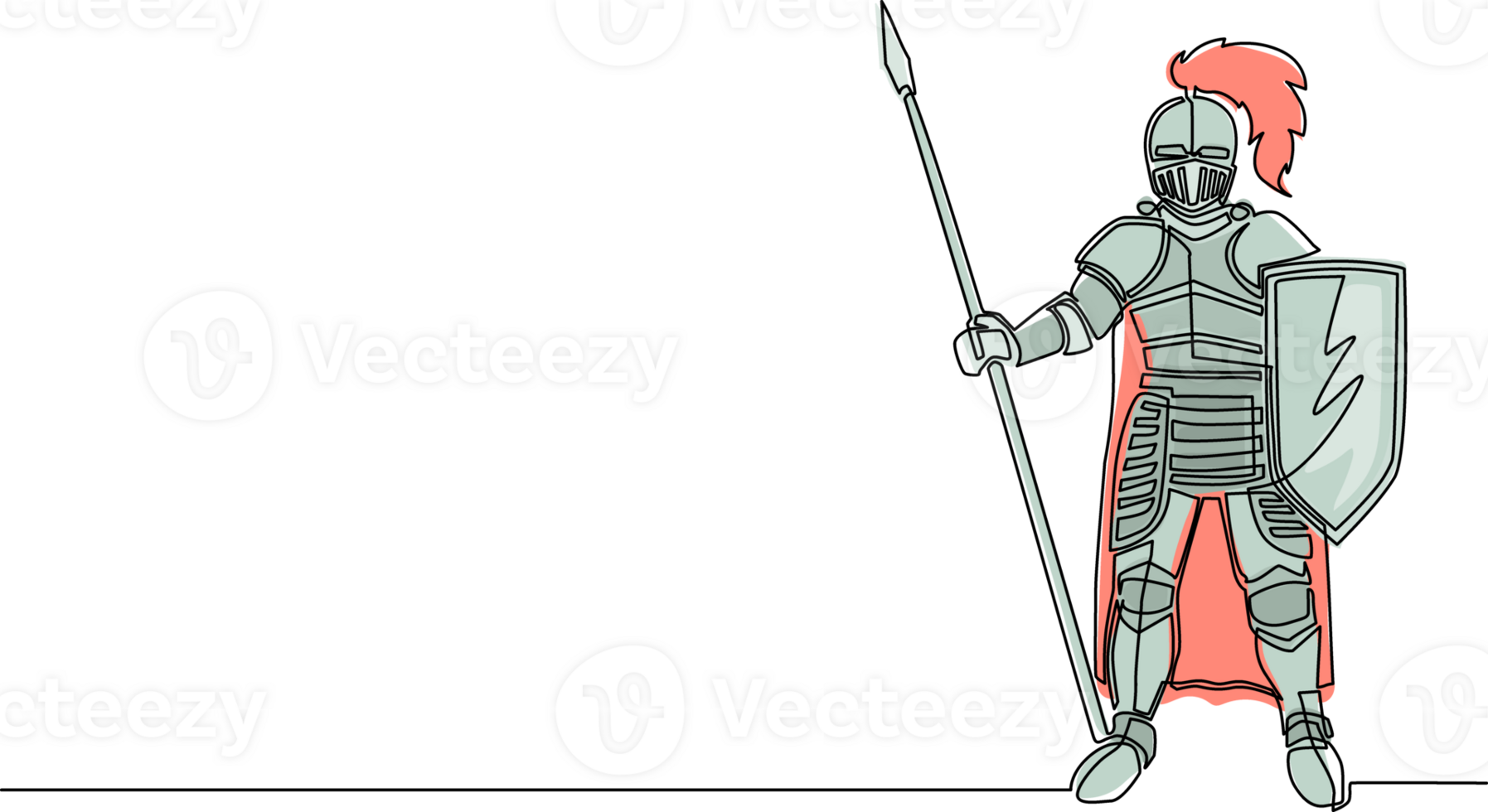 enda kontinuerlig linje teckning full kropp rustning kostym, europeisk medeltida riddare karaktär med skydda och spjut, isolerat på vit bakgrund. dynamisk ett linje dra grafisk design illustration png