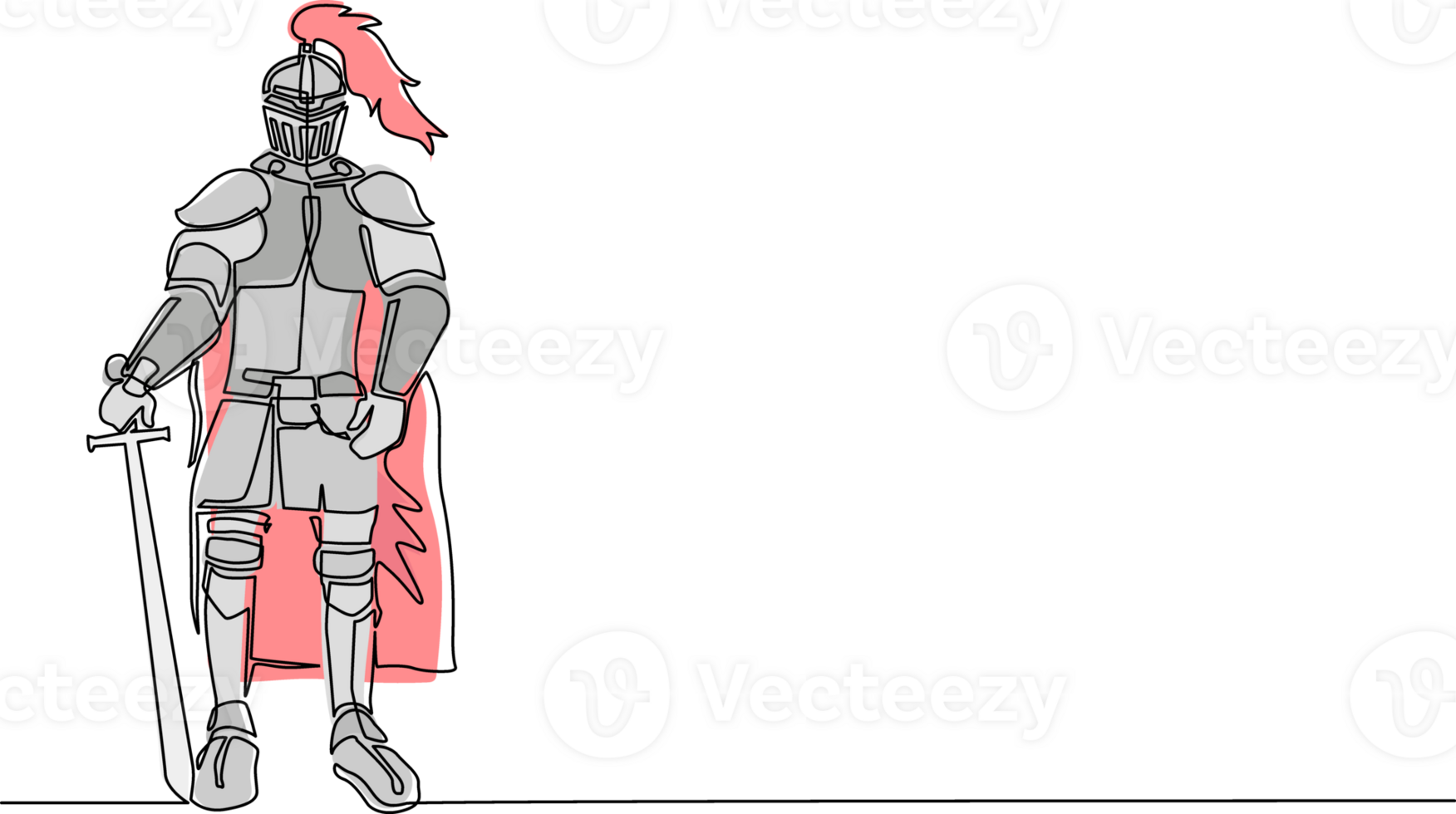 kontinuerlig ett linje teckning medeltida riddare i rustning, cape och hjälm med fjäder. krigare av mitten åldrar stående och lutande på svärd. historisk gammal militär. enda linje dra design png