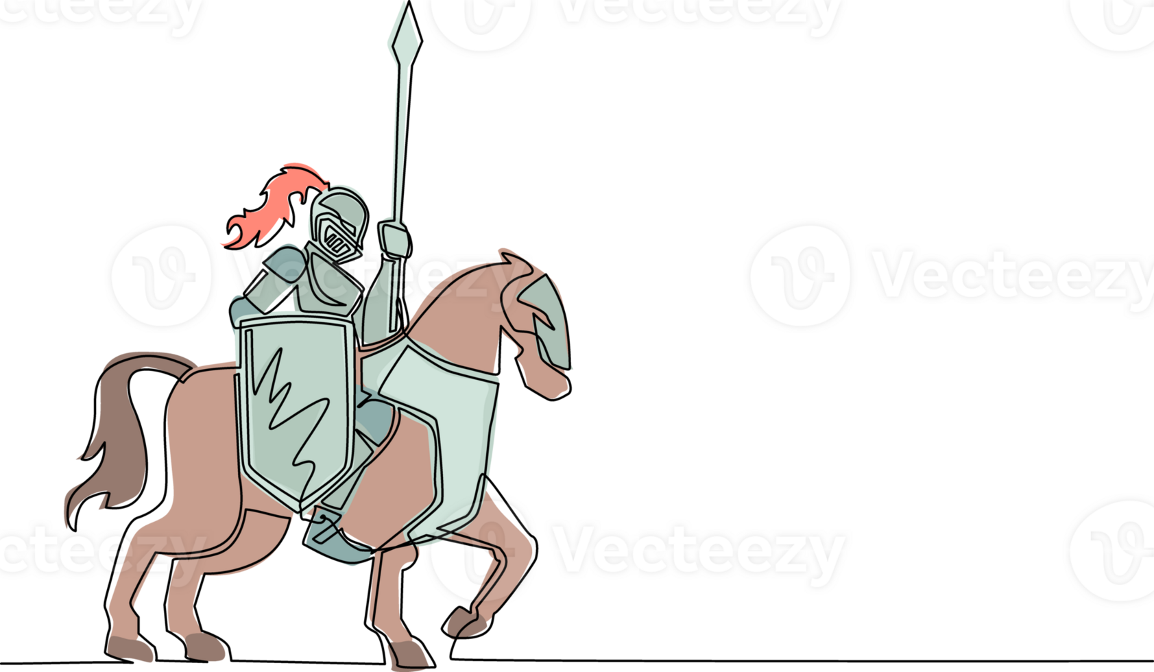 single een lijn tekening middeleeuws gewapend ridder rijden paard. historisch oude leger karakter. prins met speer en schild. oude vechter. doorlopend lijn ontwerp grafisch illustratie png