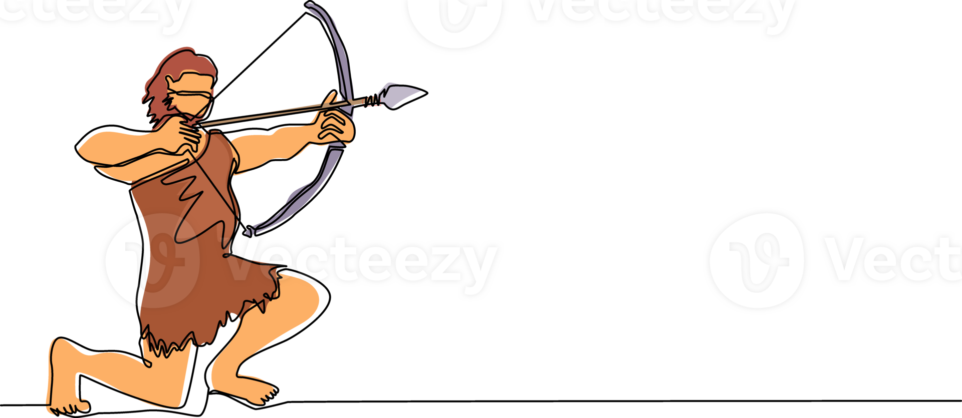 Single continuous line drawing primitive person hunts animal. Stone age hunter, man hunting an ancient animal with bow and arrow, man of prehistoric period with weapon. One line draw design png