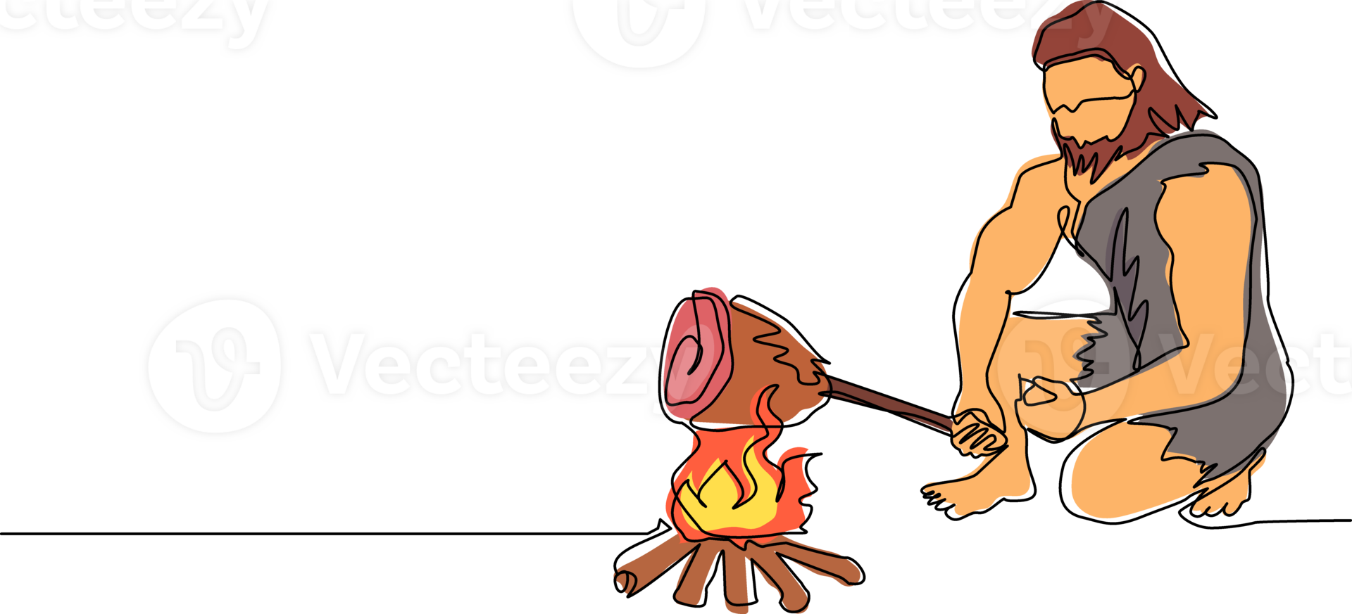 Continuous one line drawing prehistoric man sitting and cooking meat on bonfire. Caveman kneeling and cooking meat food on campfire. Ancient human. Single line draw design graphic illustration png