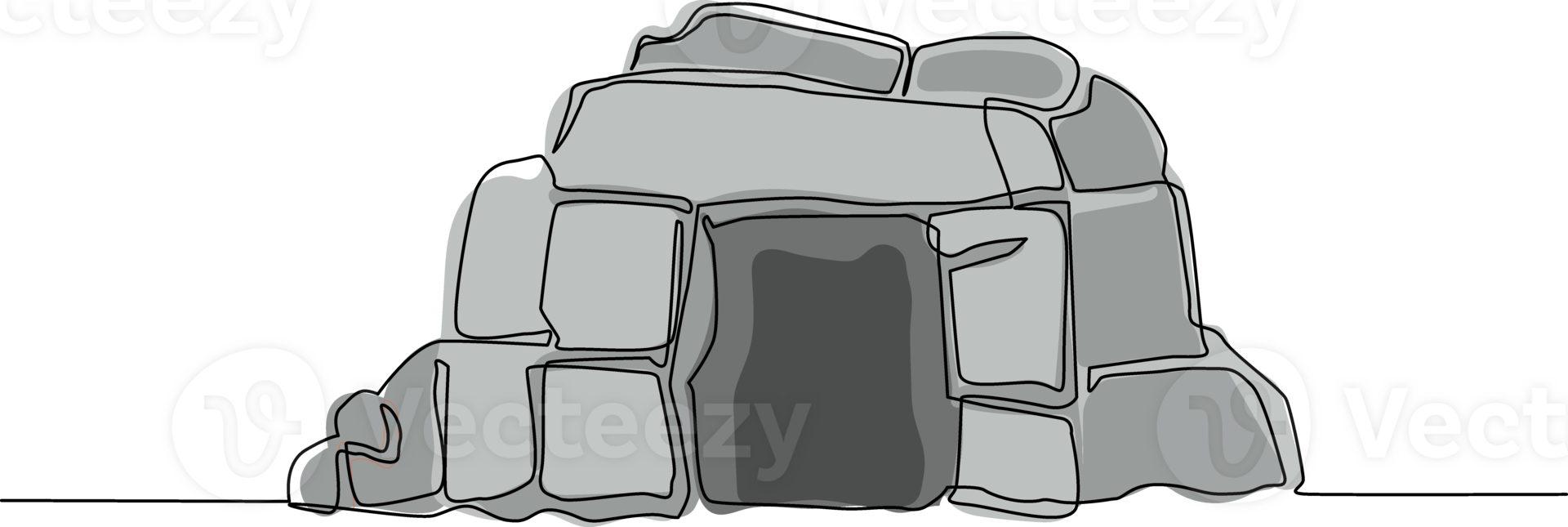 Continuous one line drawing prehistoric stone cave entrance sketch on isolated white background. Stone cave entrance flat composition icon symbol. Single line draw design graphic illustration png