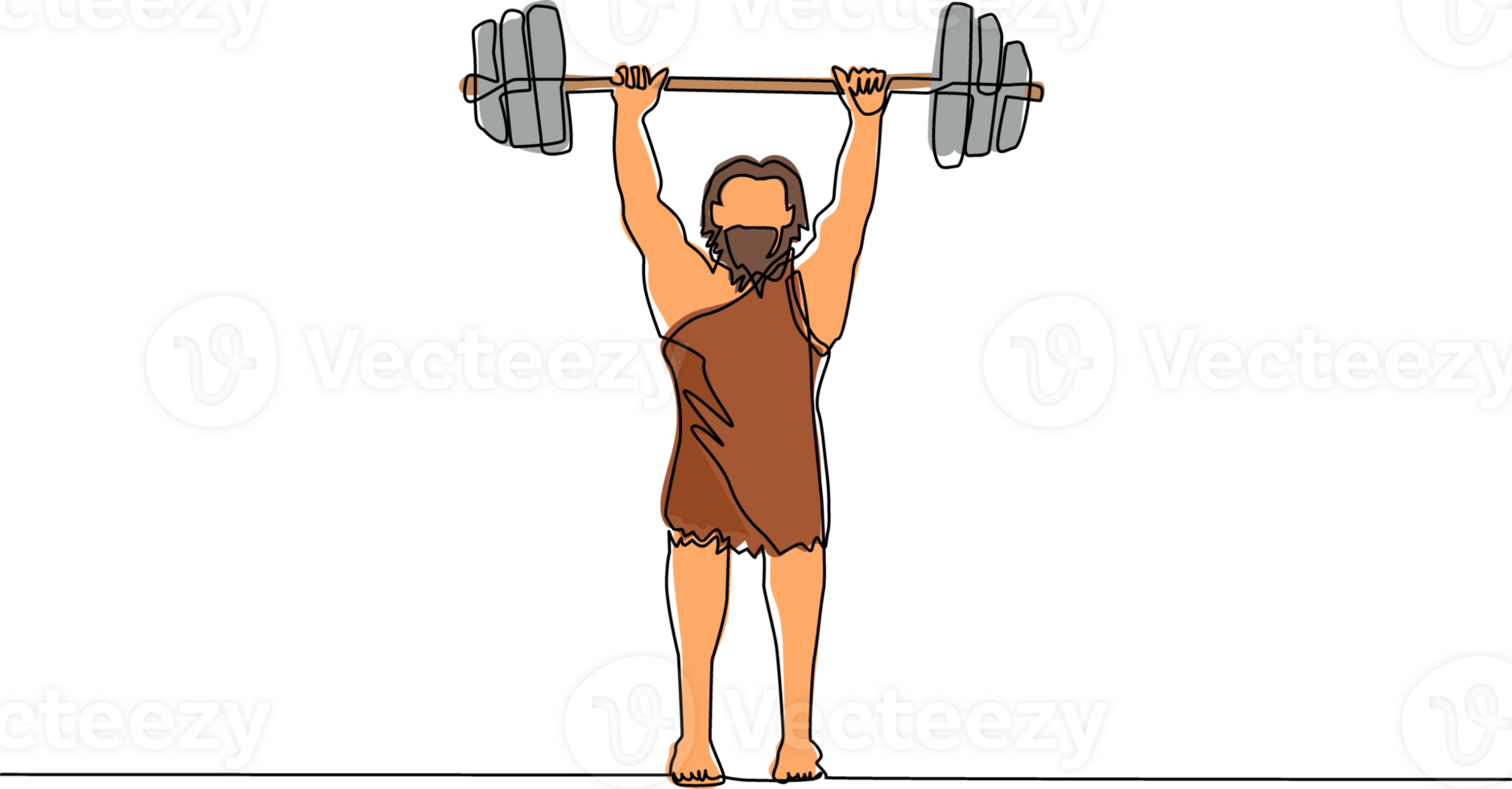 Continuous one line drawing prehistoric man as weightlifter lifting barbell. Young man from the stone age. Man keeping fit by weight lifting. Single line draw design graphic illustration png