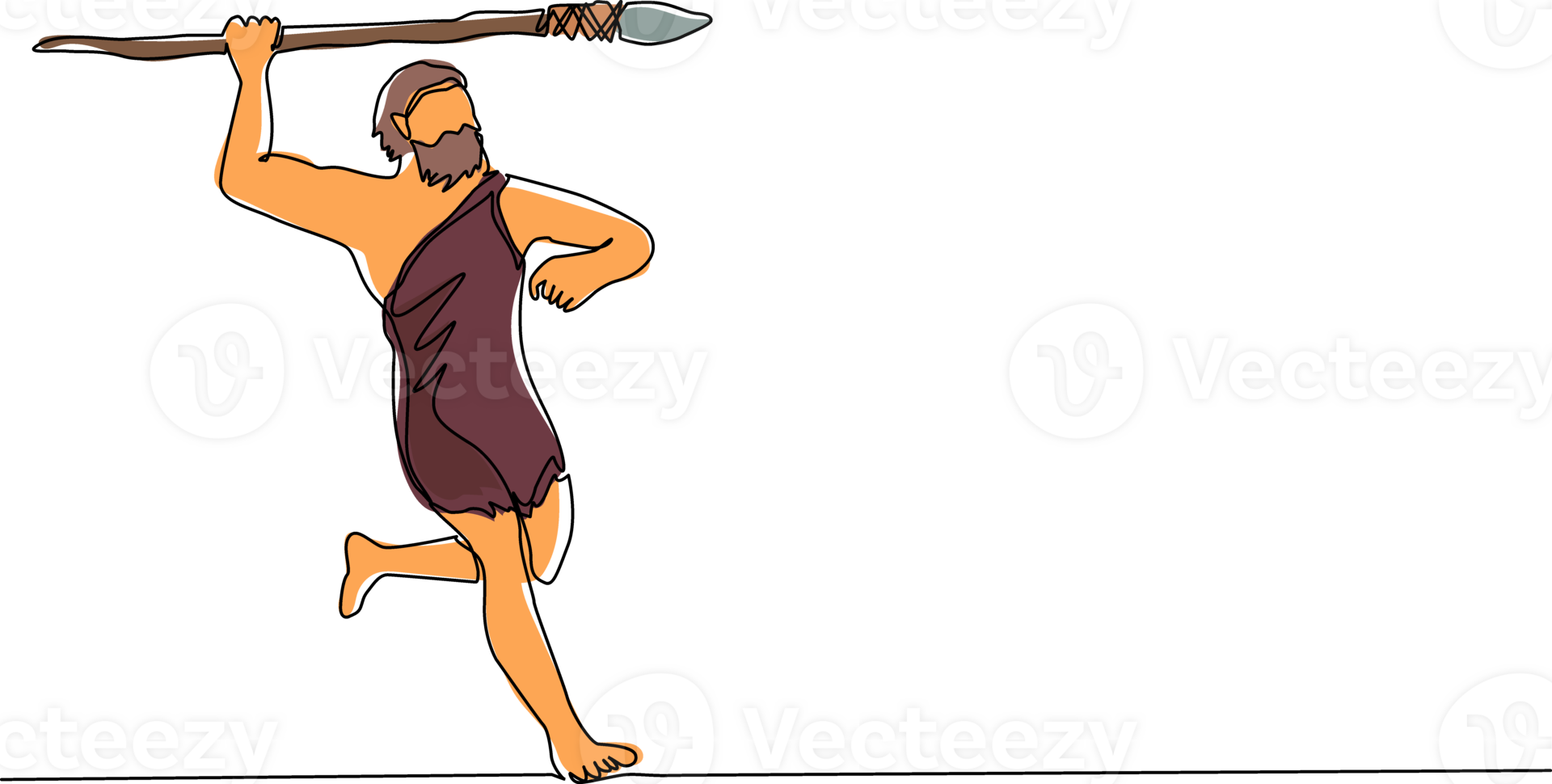 single doorlopend lijn tekening primitief persoon jaagt dier. steen leeftijd jager, Mens jacht- een oude dier met steen speer, holbewoner van prehistorisch periode met wapen. een lijn trek ontwerp png