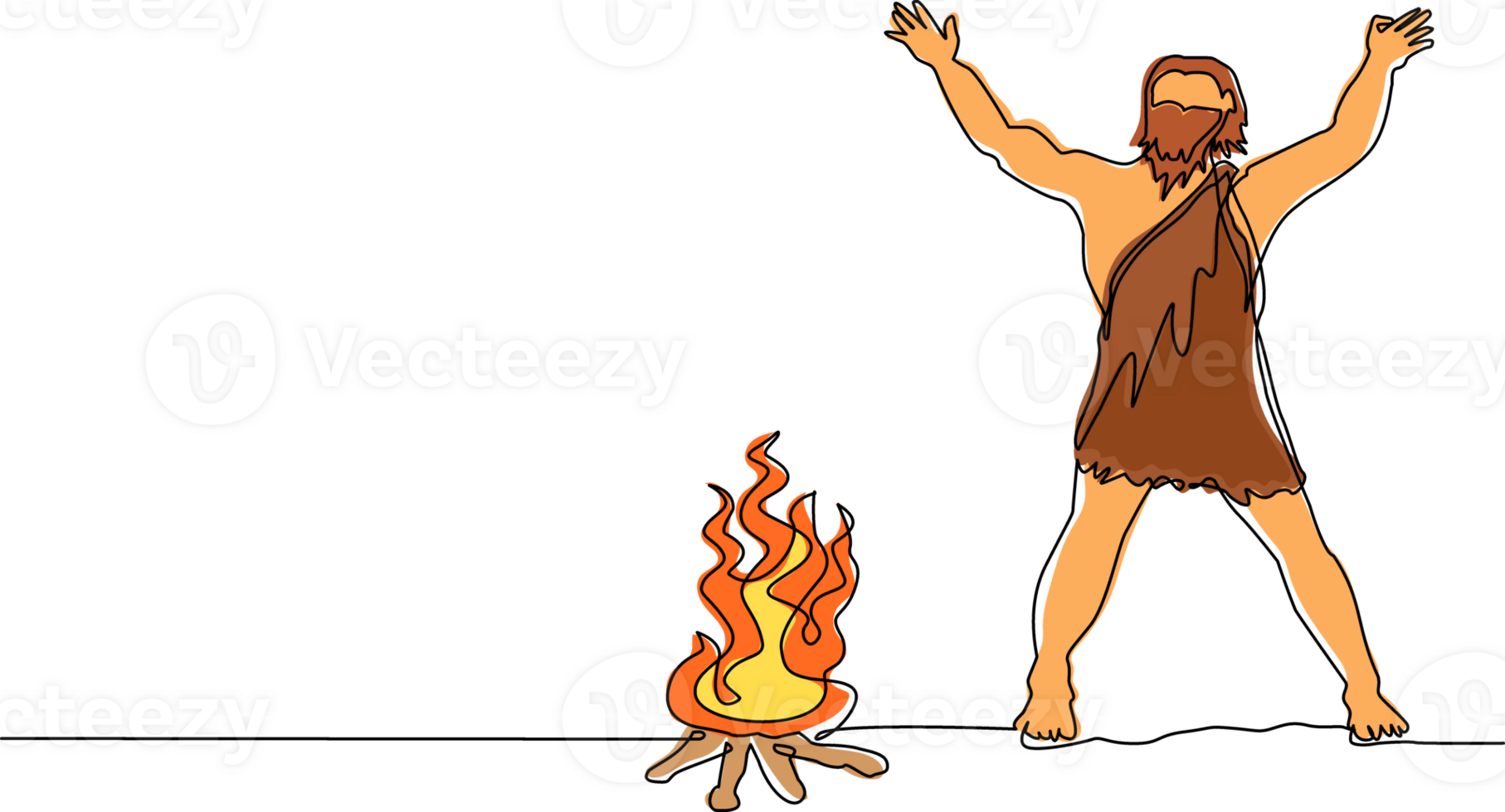 Single continuous line drawing prehistoric man standing around bonfire. Caveman stands and raised two of his hands around campfire. Warmth his body at night. One line draw design illustration png