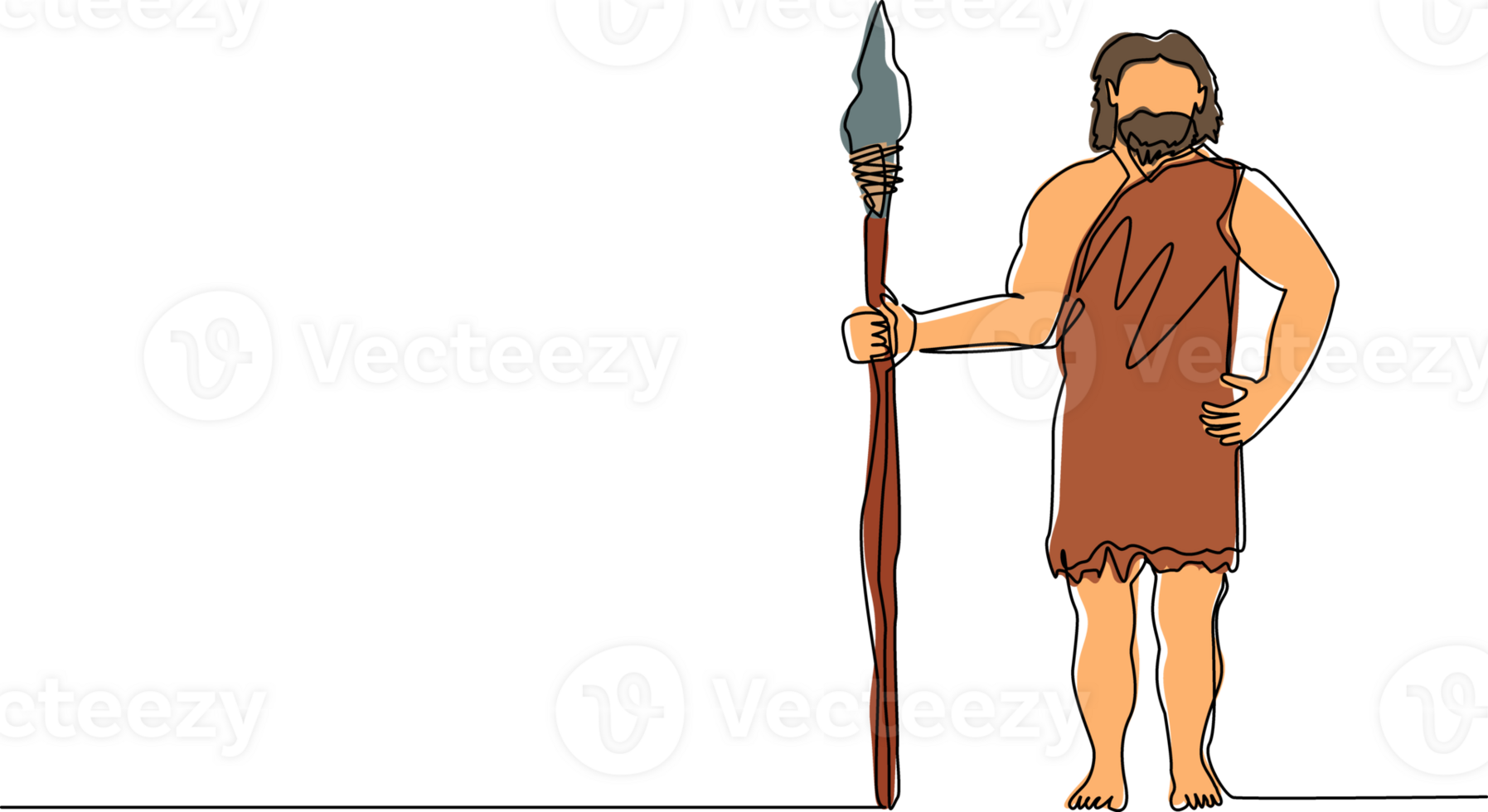 Continuous one line drawing primitive archaic man wearing clothes made of animal skin and holding spear. Early human, caveman, warrior or hunter from stone age. Single line draw design graphic png