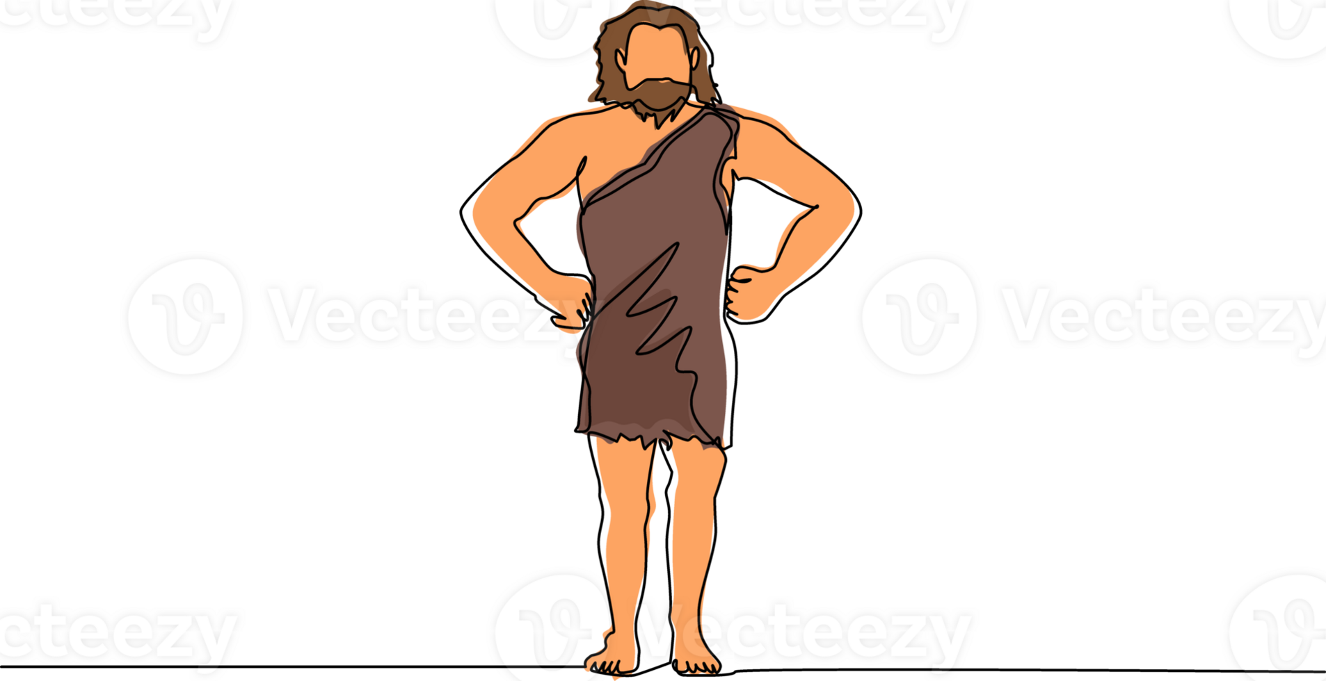 Single one line drawing prehistoric man standing with hands on waist pose. Prehistoric bearded man, primitive stone age caveman in animal pelt cartoon character. Continuous line draw design png