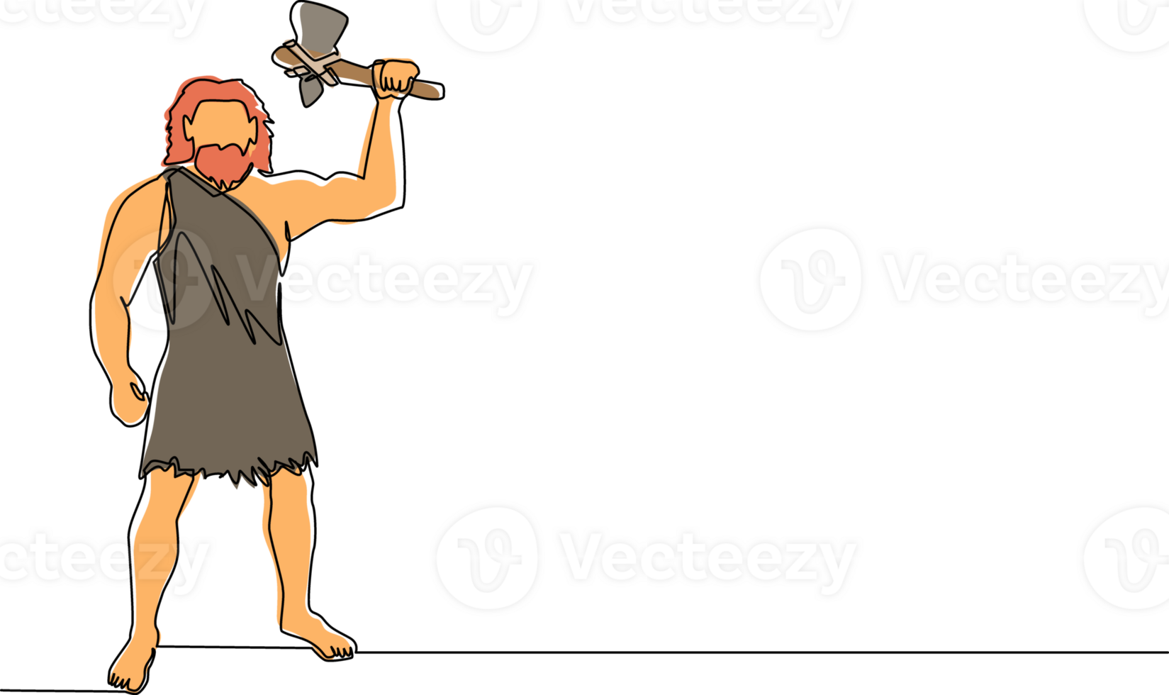 Single one line drawing caveman holding and raised stone axe overhead. Prehistoric man hunter. Ancient man is hunting animal for food. Modern continuous line draw design graphic illustration png