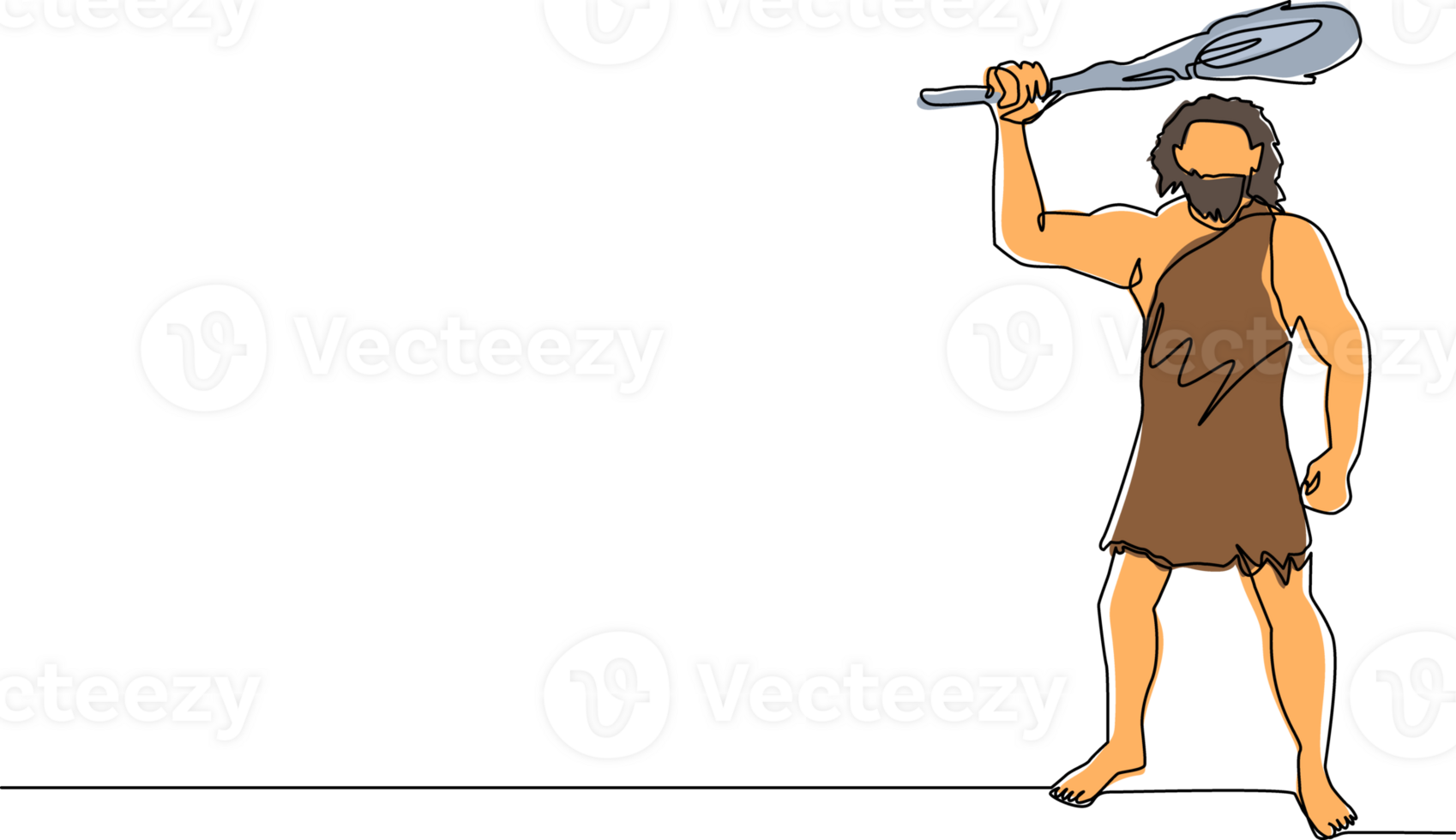 Single one line drawing prehistoric man holding and raised cudgel overhead. Man hunting an ancient animal with cudgel, caveman of prehistoric period with weapon. Continuous line draw design png