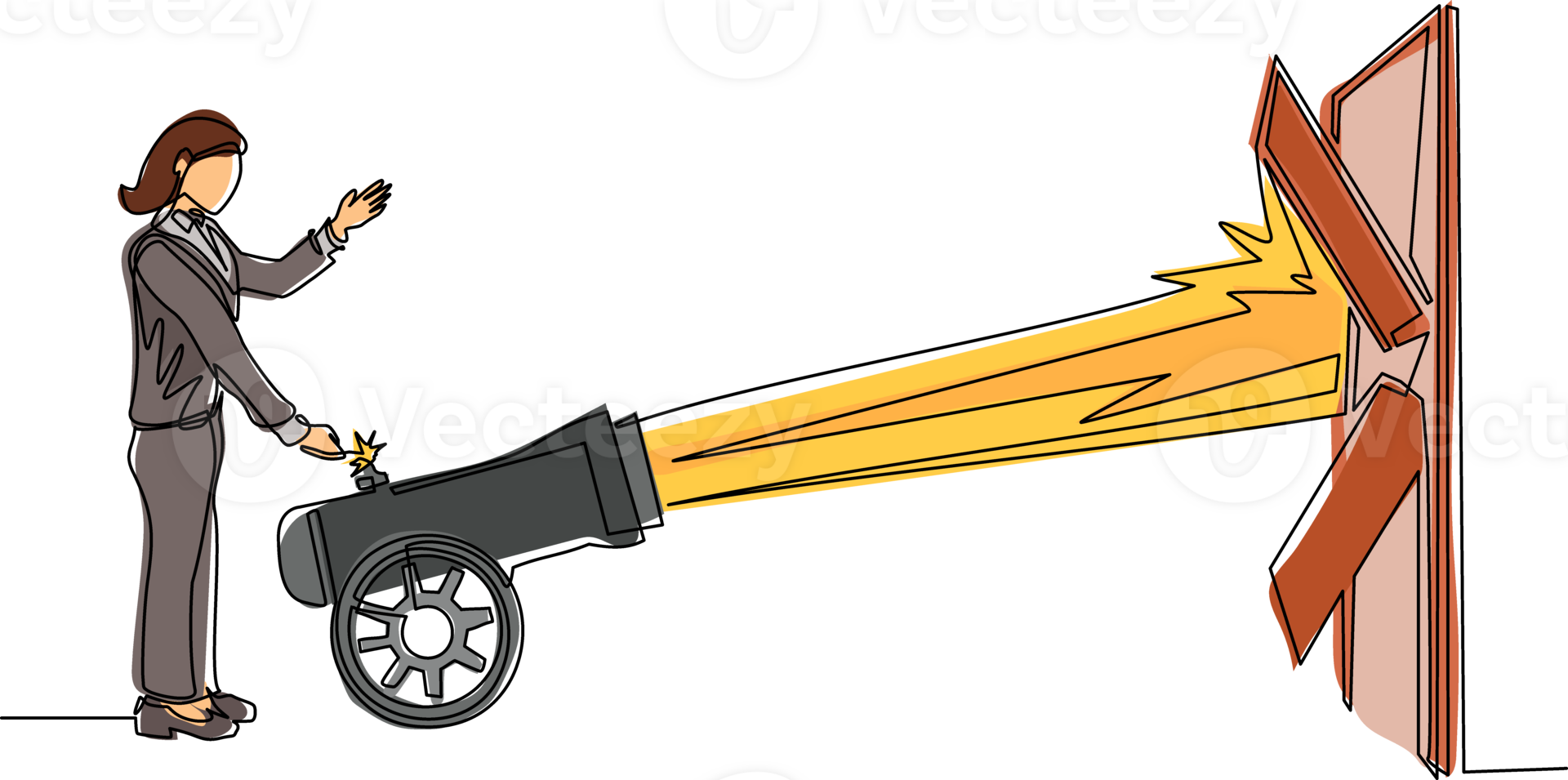 Continuous one line drawing businesswoman ignites cannon in front of door and destroying door. Eliminating barrier of entries, destroying obstacles with brute force. Single line draw design png
