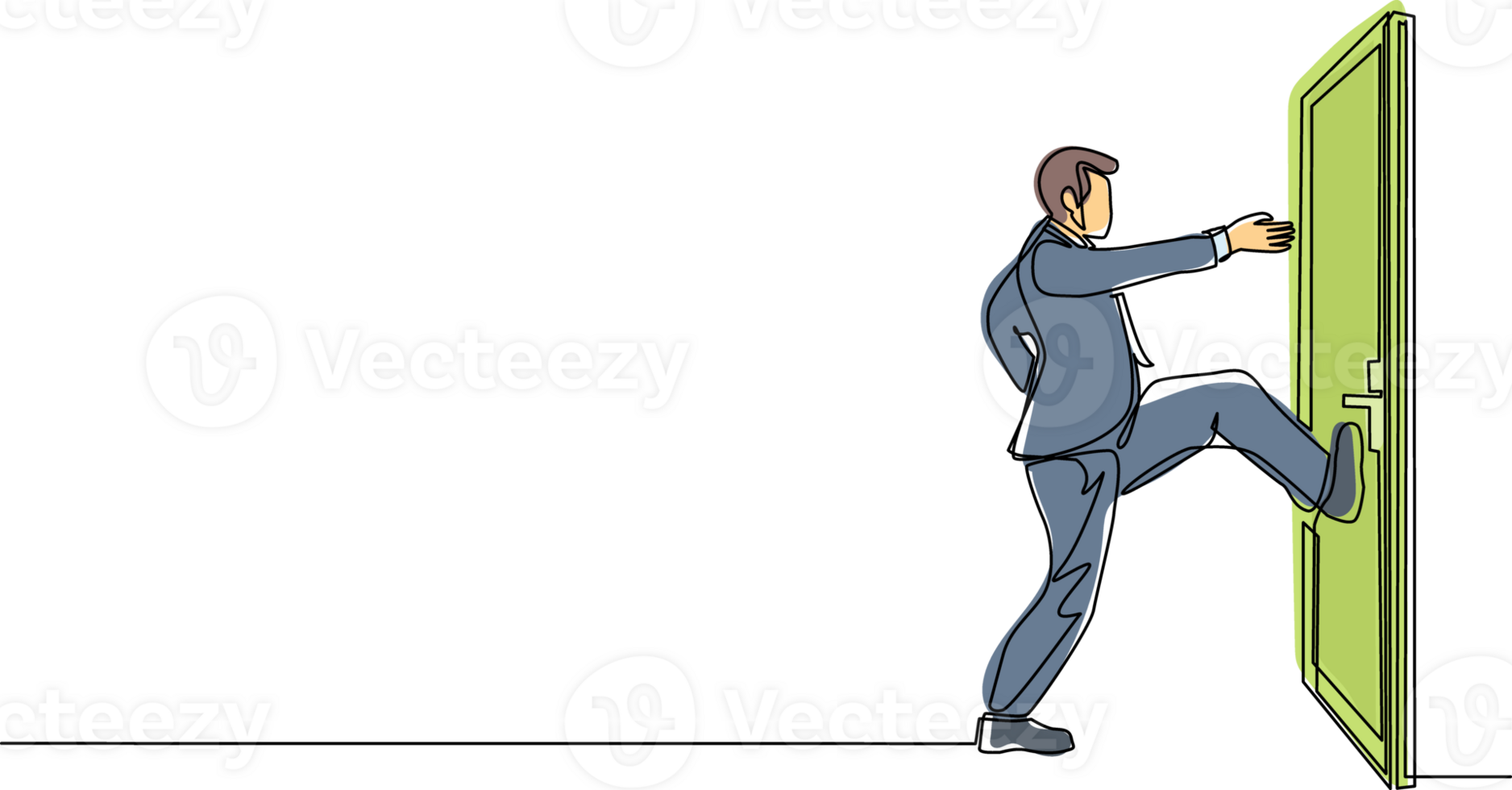 un homme d'affaires dessinant une seule ligne donne un coup de pied à la porte fermée avec sa jambe. affaires et succès. approche commerciale agressive. luttes commerciales. illustration vectorielle graphique de conception de dessin en ligne continue png