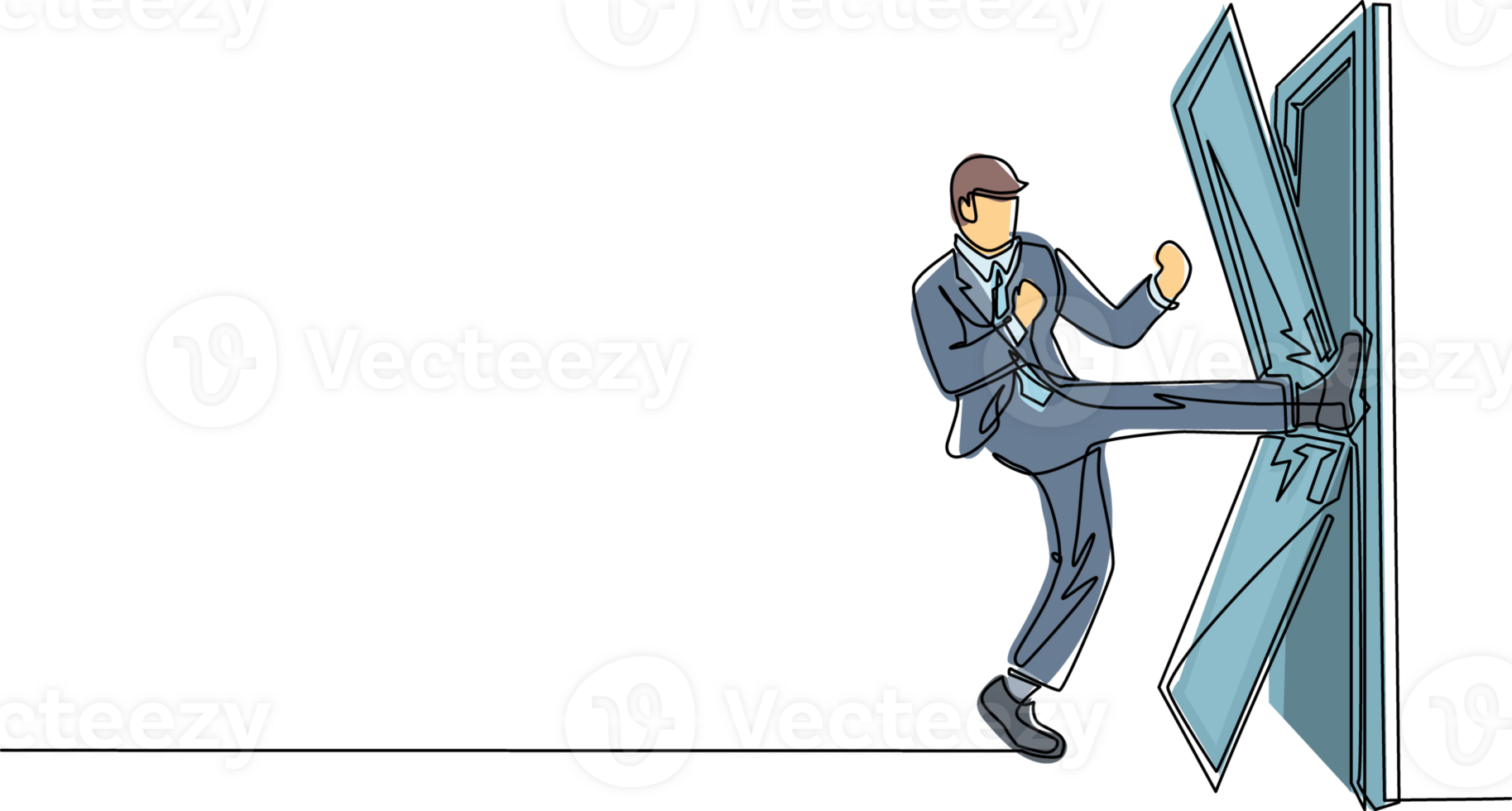 Single continuous line drawing businessman kicks the door until door shattered. Man kicking locked door and destroy. Business concept of overcoming obstacles. One line draw design vector illustration png