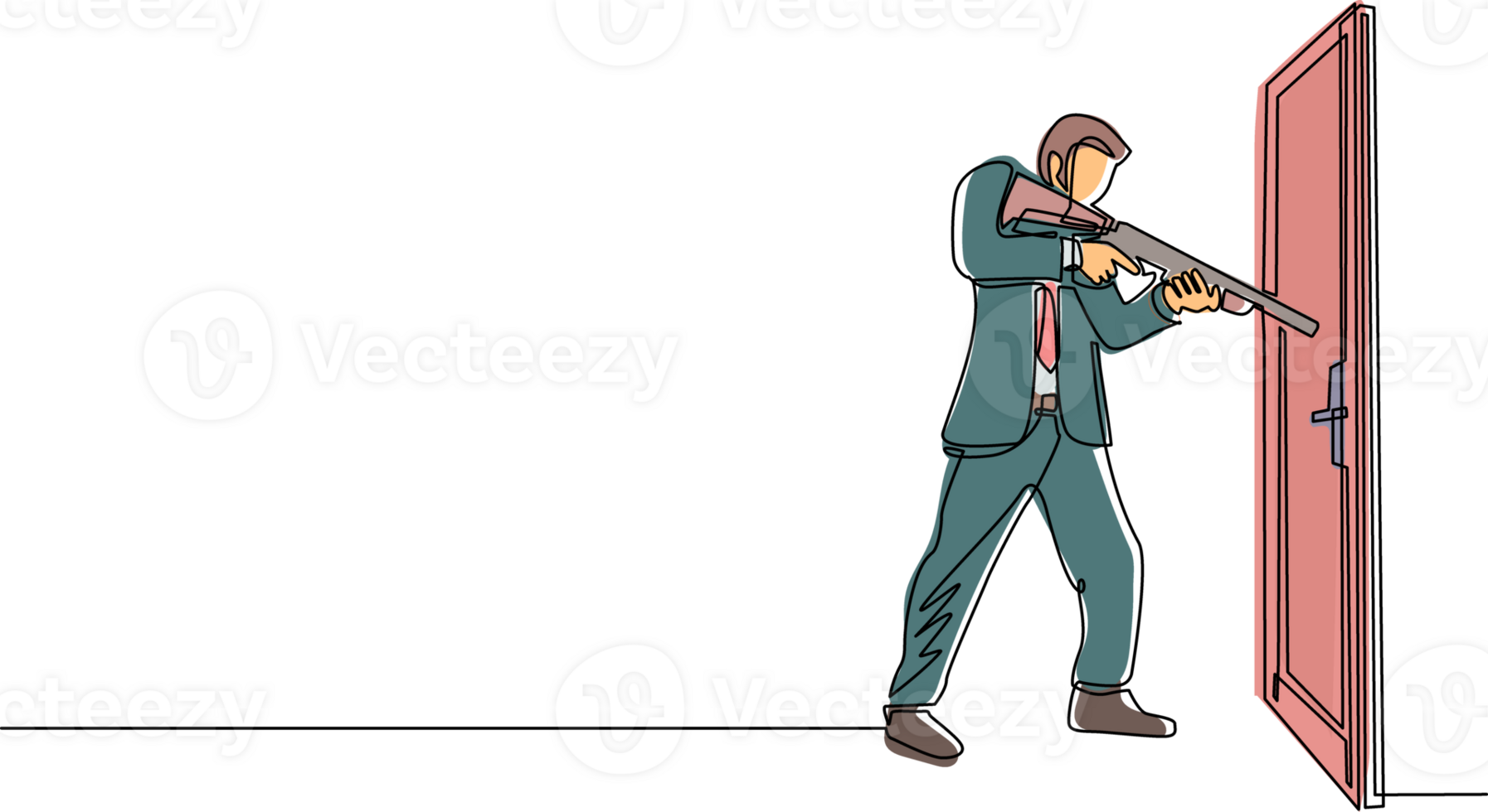 enda en rad ritning affärsman pekar hagelgevär på dörrhandtaget. företags genombrottskamp. kraften att lyckas. öppna stängd dörr. modern kontinuerlig linje rita design grafisk vektorillustration png