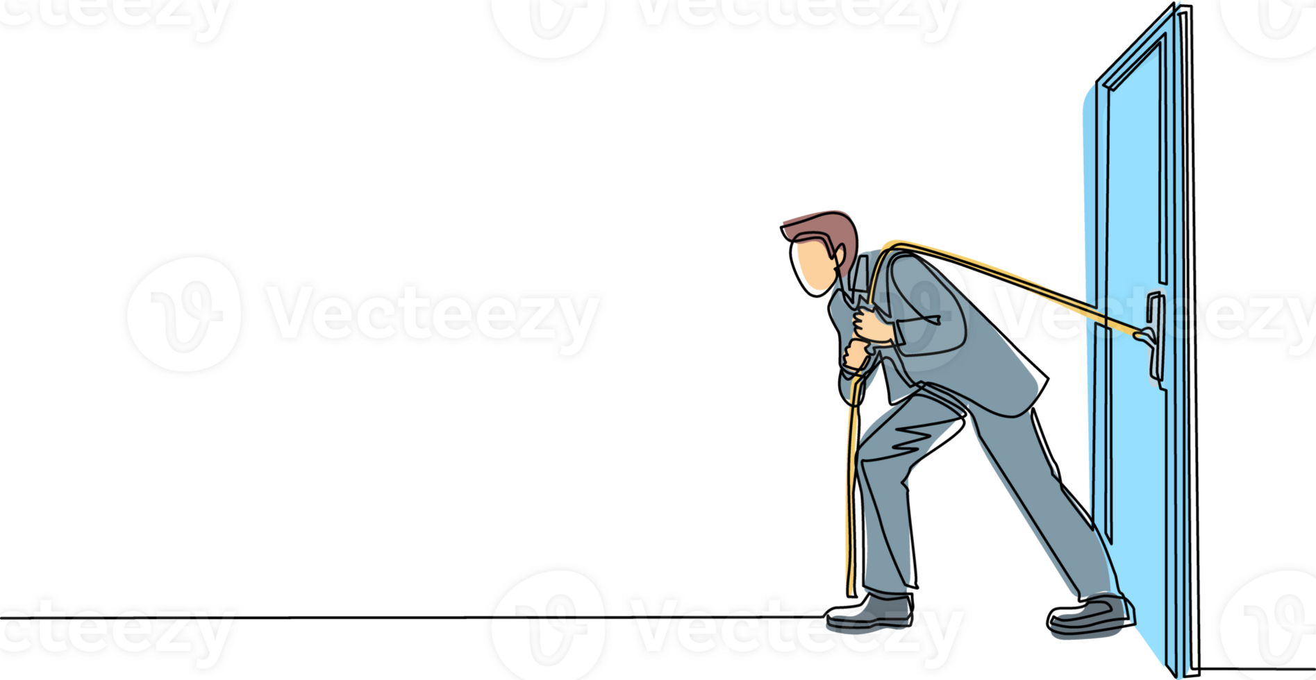 Single one line drawing businessman trying hard to pulling rope to drag heavy door frame, metaphor to facing big problem. Business struggles. Strength for success. Continuous line draw design vector png
