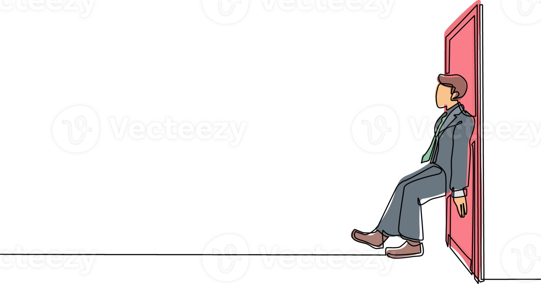 einzelne durchgehende Strichzeichnung Geschäftsmann, der die Tür mit dem Rücken drückt. geschäftliche Kämpfe. Kraft zum Erfolg. Geschäftskonzept zur Überwindung von Hindernissen. dynamischer einzeiliger grafikdesignvektor png