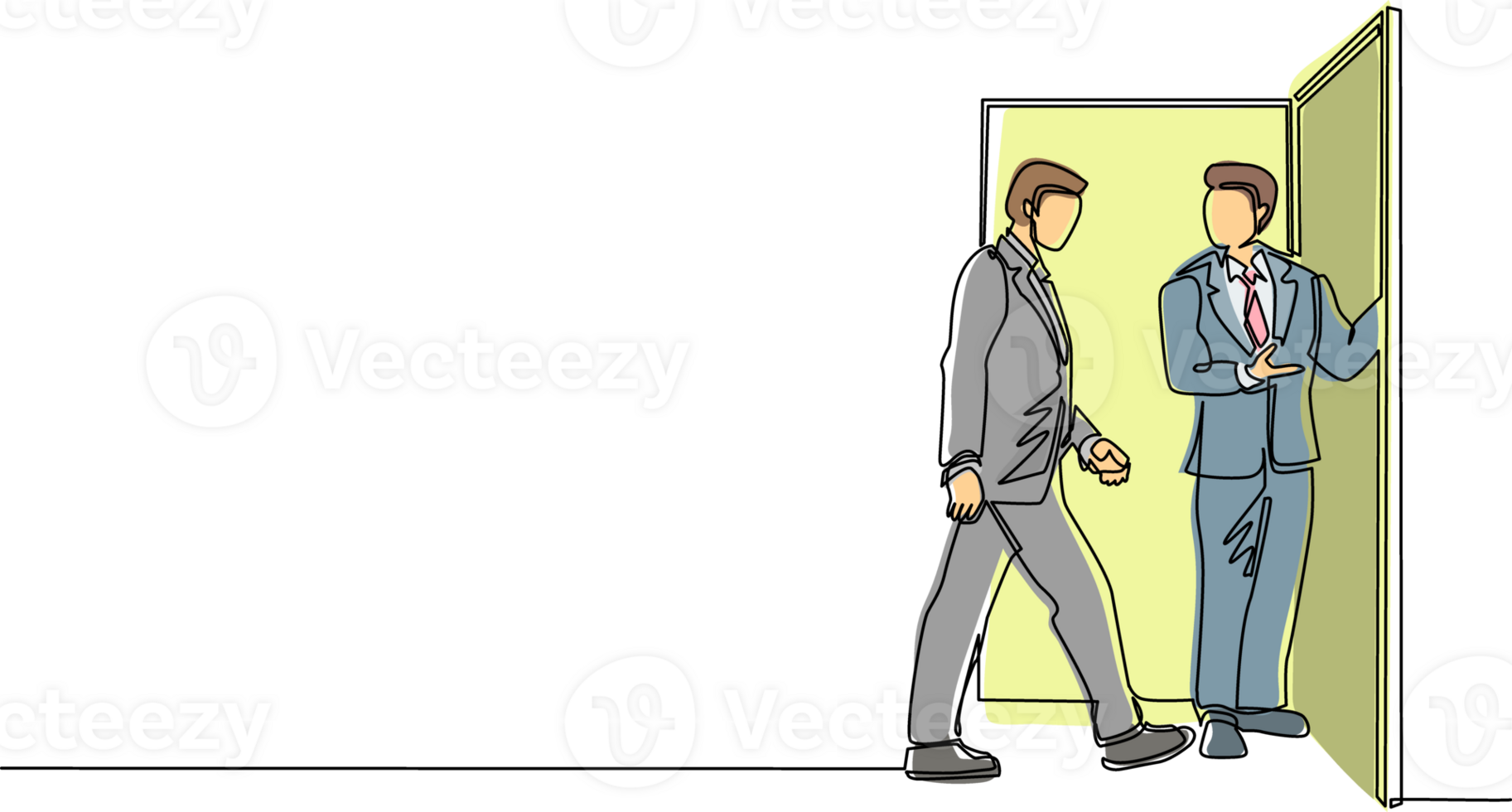 Single continuous line drawing businessman at the door welcomes his friend in. Man is inviting his friend to get into his house. Hospitality concept. One line draw graphic design vector illustration png