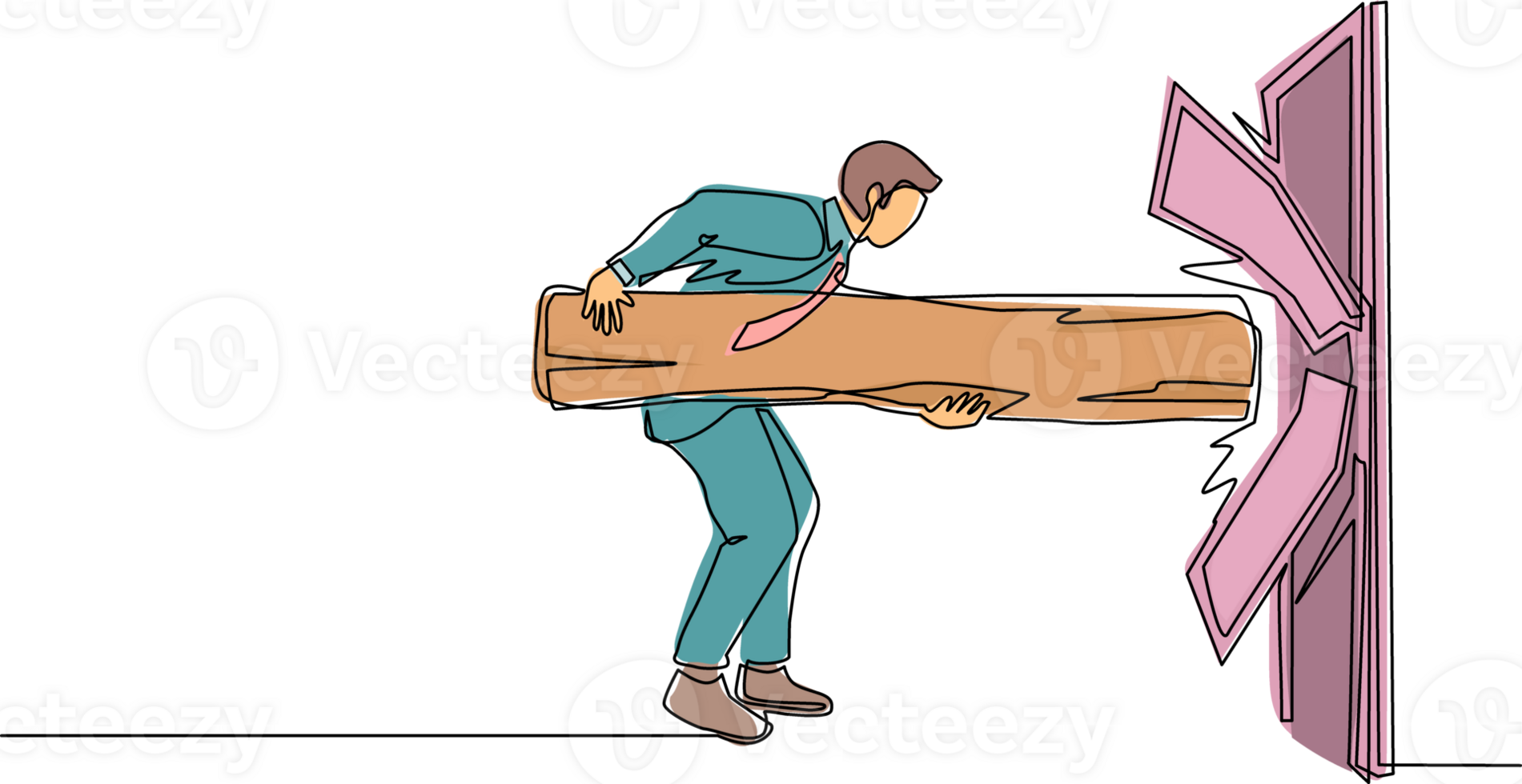 Continuous one line drawing businessman holding large log and destroying door. Overcome challenges, and destroying obstacles with power and brute force. Single line draw design vector illustration png
