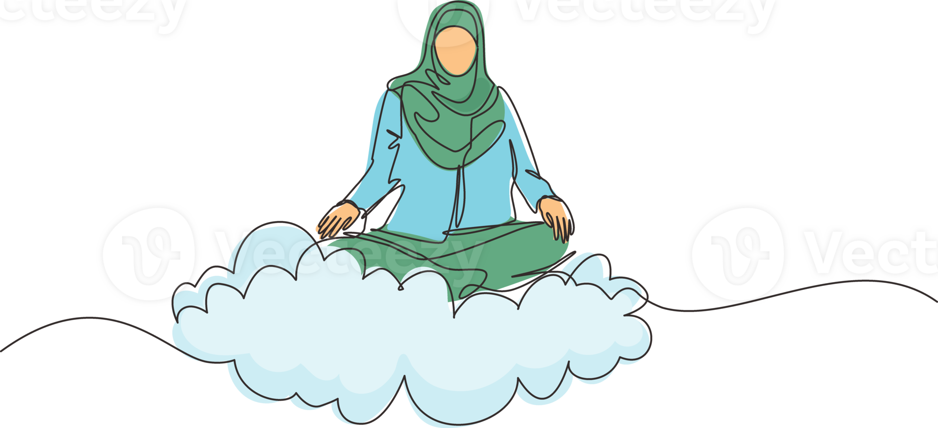 enda kontinuerlig linje teckning kontor arbetstagare eller affärskvinna slappnar av, mediterar i lotus placera på moln. arab kvinna avkopplande med yoga eller meditation utgör. ett linje dra grafisk design png