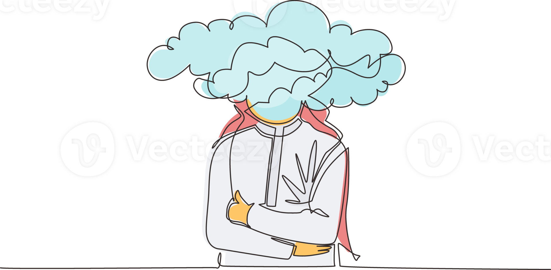 Continuous one line drawing cloud head businessman. Arab man with empty head and cloud instead. Distracted, daydreaming, absent and impractical concept. Single line design graphic illustration png
