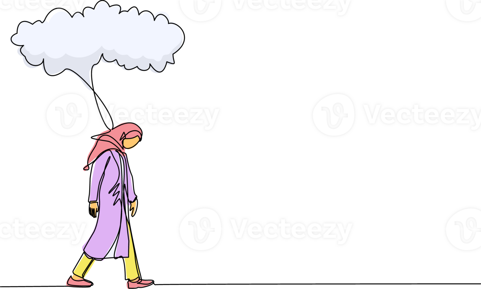 single een lijn tekening ongelukkig depressief verdrietig Arabisch zakenvrouw in spanning wandelen onder regen wolk. alleen verliezer vrouw depressie. eenzaamheid in bewolkt het weer. doorlopend lijn trek ontwerp png