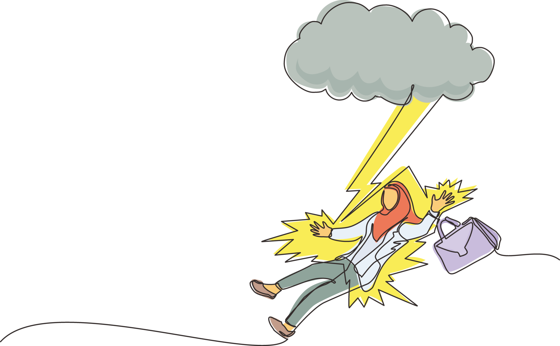 Single one line drawing Arab businessman struck by lightning or thunder