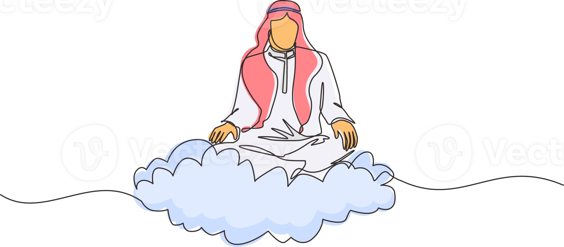 Single one line drawing office worker or businessman relaxes and meditates in lotus position on clouds. Cheerful Arabic man relaxing with yoga or meditation pose. Continuous line design graphic png