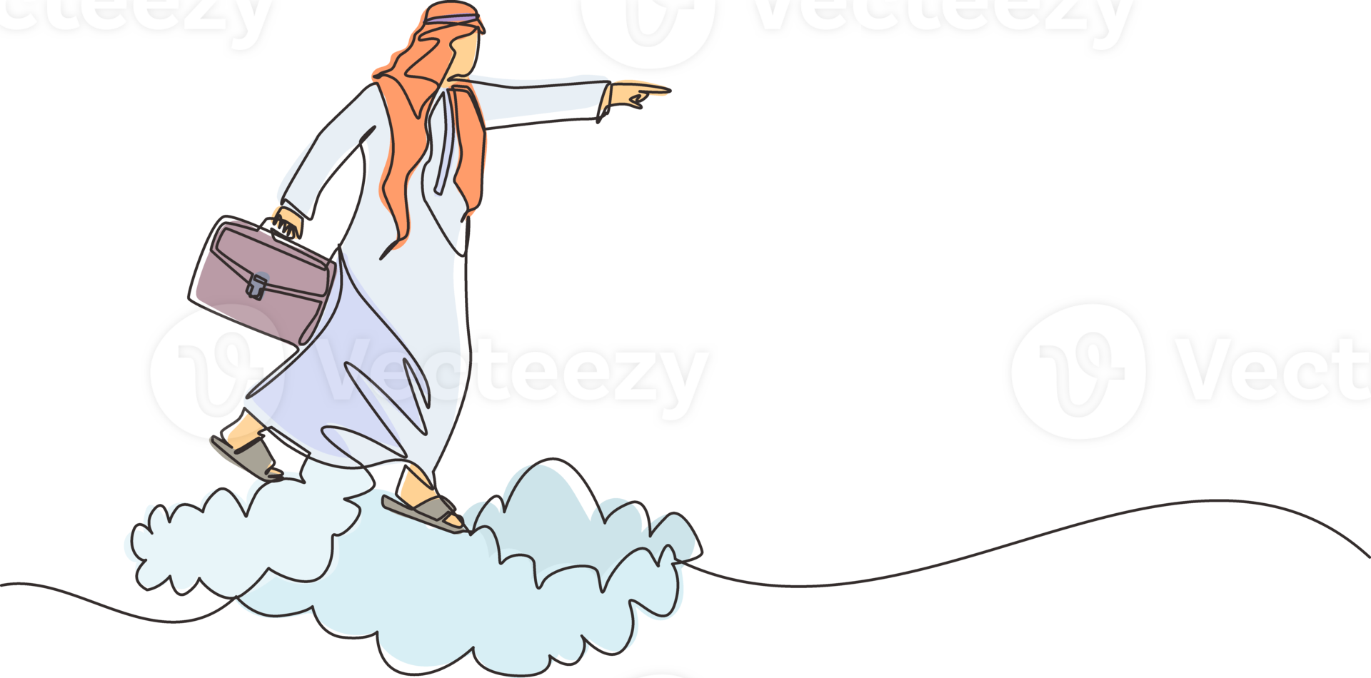 Single continuous line drawing Arab businessman holding briefcase ride cloud, pointing forward, go to future, business concept. Man on cloud way to success. One line graphic design illustration png