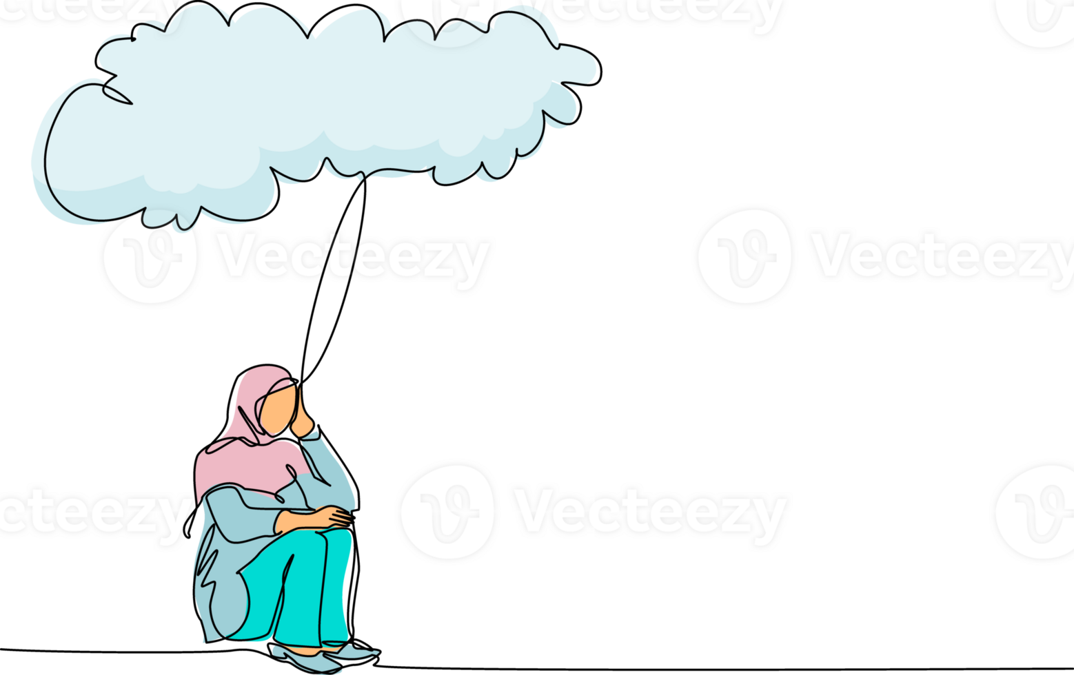 Single continuous line drawing Arabic businesswoman feeling sad, depression sitting under rain and cloud. Unhappy depressed loneliness sad worker in stress with problem. One line graphic design png
