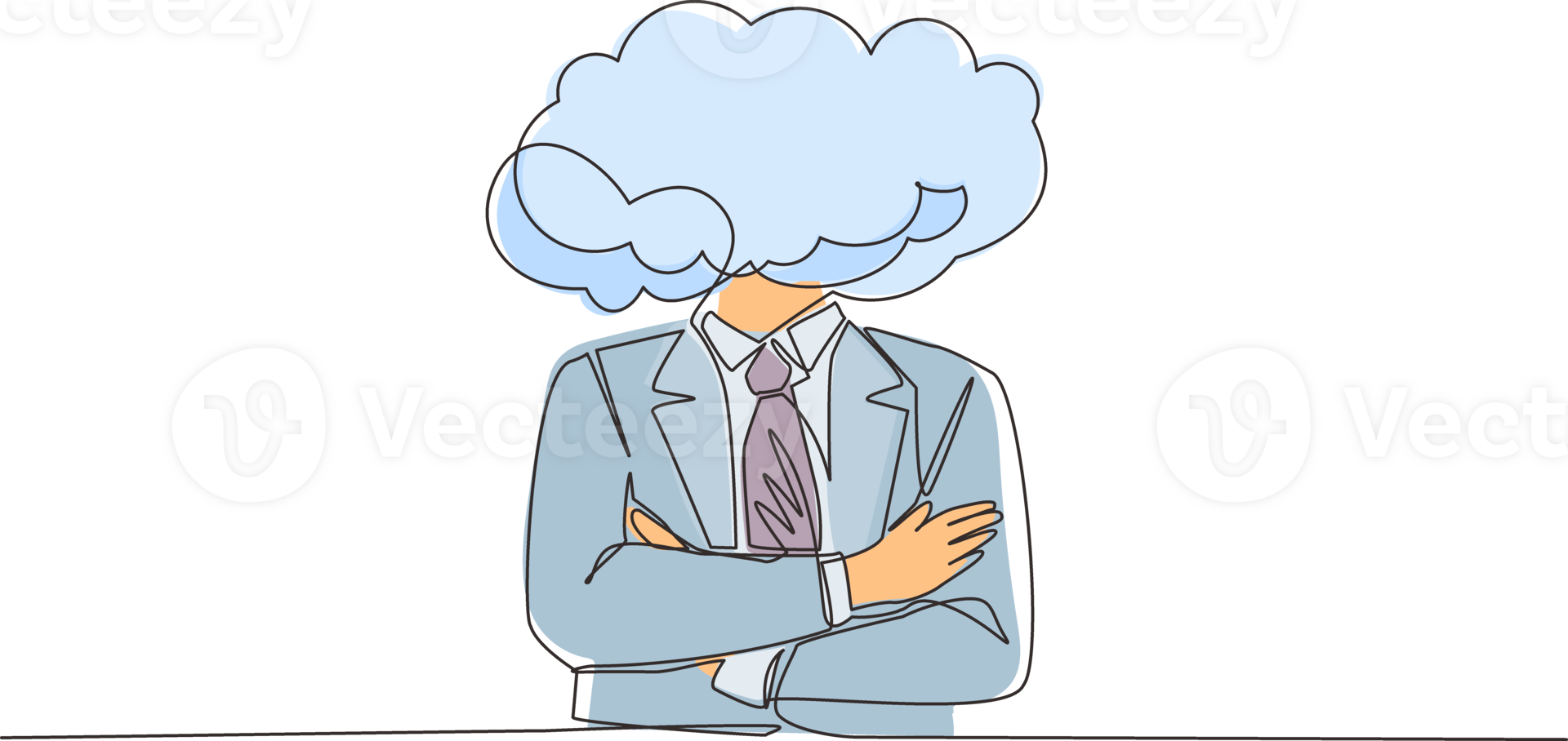 Single one line drawing cloud head businessman. Man with empty head and cloud instead. Distracted, daydreaming, absent and impractical concept. Continuous line draw design graphic illustration png