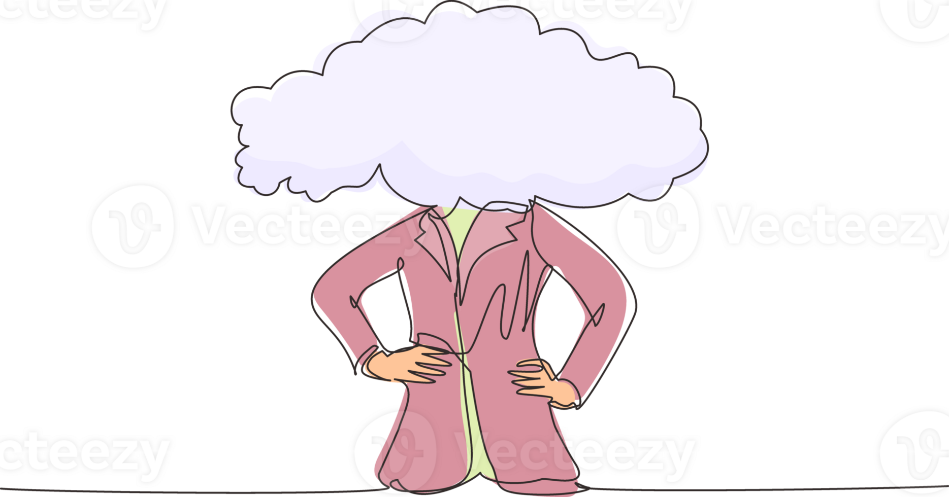 Single continuous line drawing cloud head businesswoman. Woman with empty head and cloud instead. Distracted, daydreaming, absent, impractical concept. One line draw graphic design illustration png