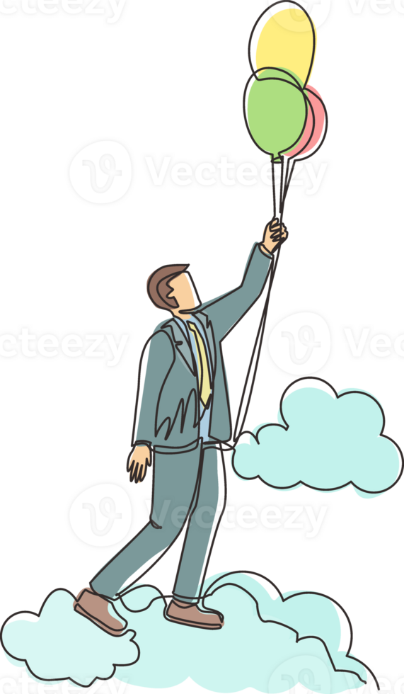 Single one line drawing businessman floating with balloon. Man holding balloon flying through cloud. Worker reaches goal, target, finds solution. Continuous line design graphic illustration png