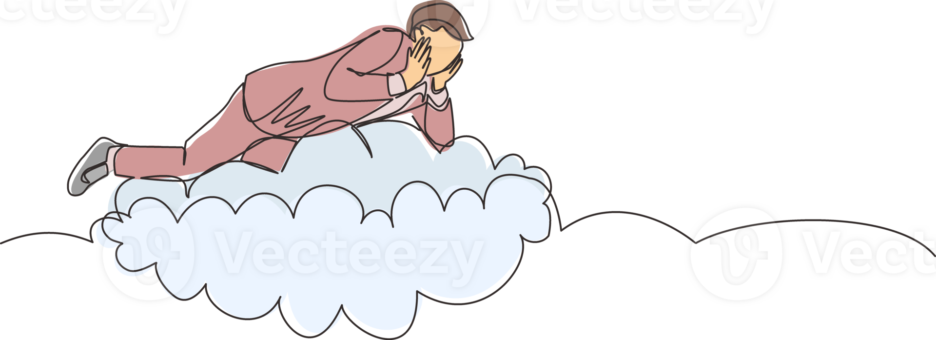 Continuous one line drawing dreamer. Businessman lay on the clouds and dreaming or thinking something about new business. Young man lying on the cloud. Single line design graphic illustration png