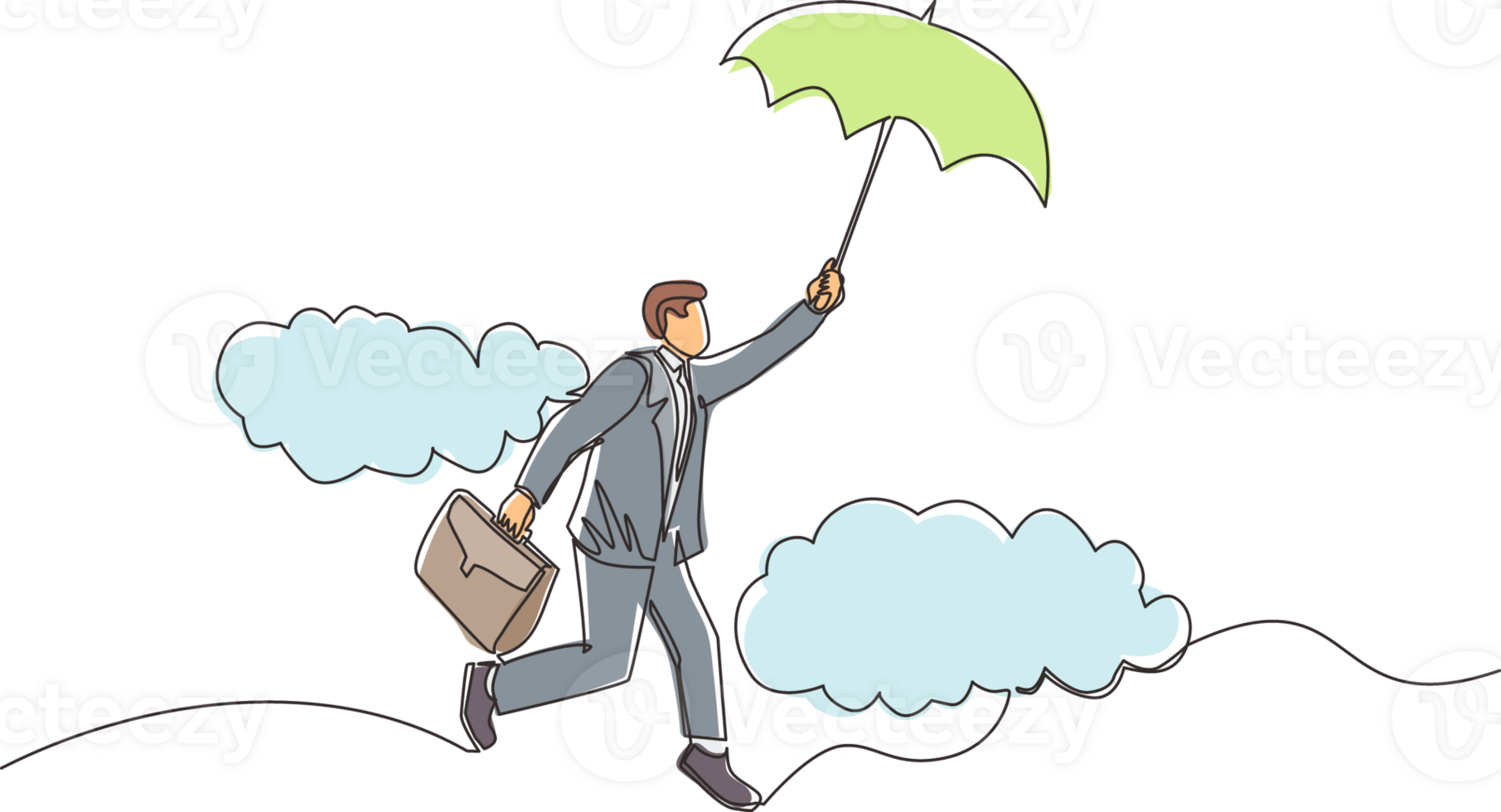Single one line drawing happy wealthy businessman flying with his umbrella holding briefcase. Office worker achieve financial independence. Continuous line draw design graphic illustration png
