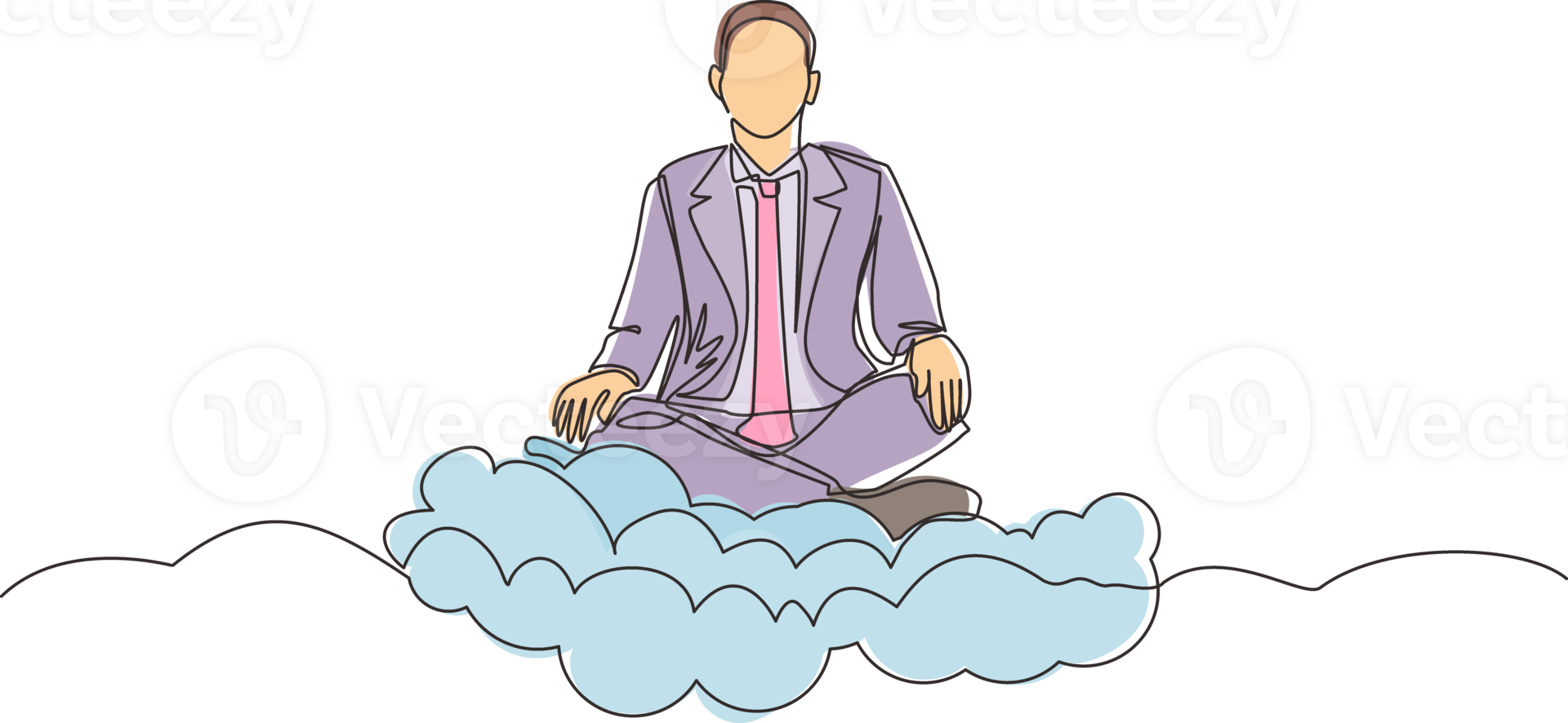 Continuous one line drawing office worker or businessman relaxes and meditates in lotus position on clouds. Cheerful man relaxing with yoga or meditation pose. Single line draw design graphic png