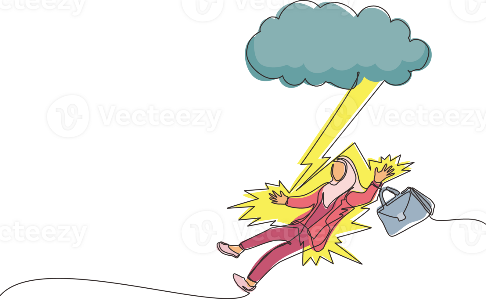 Single one line drawing Arabian businesswoman struck by lightning or