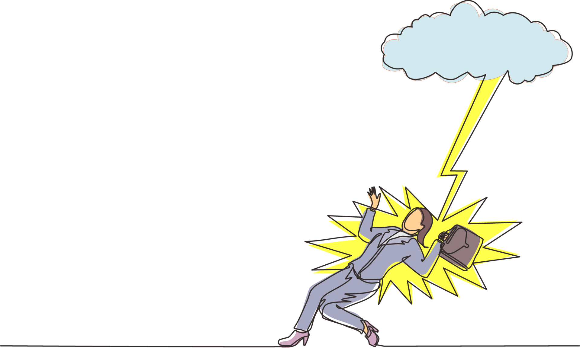 Single continuous line drawing businesswoman struck by lightning or