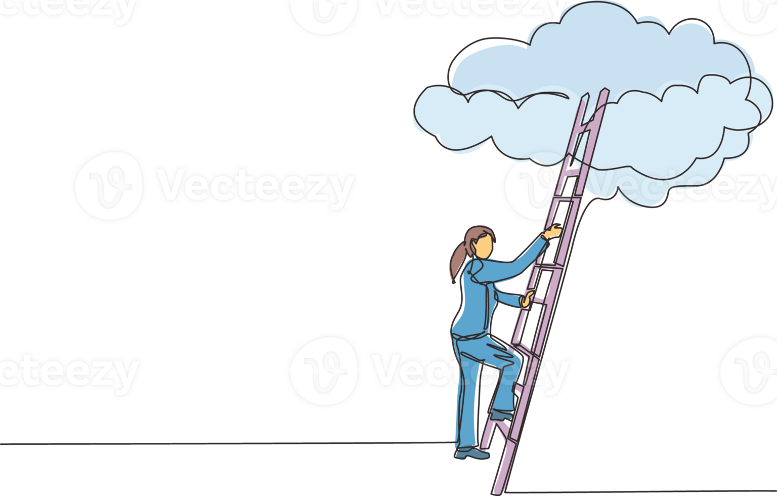Single one line drawing businesswoman climbing up career ladder to cloud. Successful rising business development. Professional growth promotion. Continuous line draw design graphic illustration png