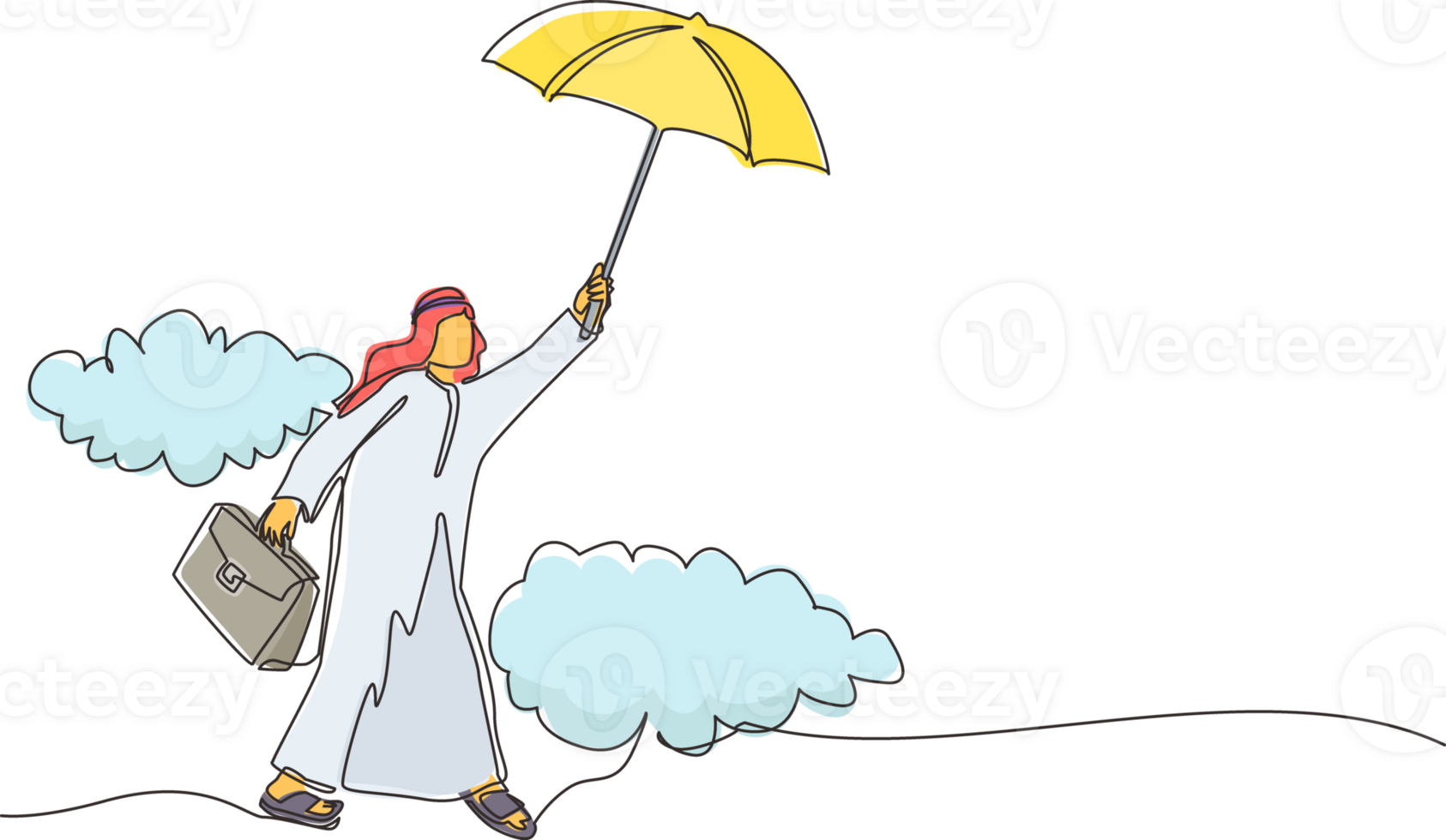 Single continuous line drawing happy wealthy Arab businessman flying with his umbrella holding briefcase. Office worker achieve financial independence. One line draw graphic design illustration png