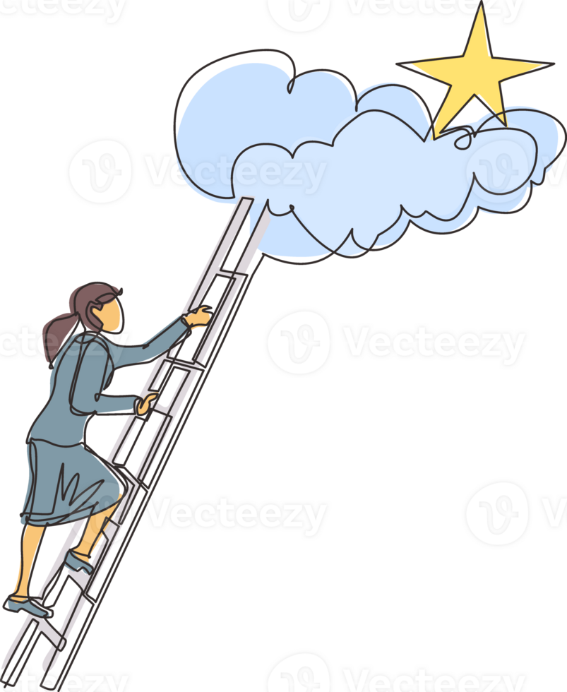 single een lijn tekening zakenvrouw beklimming ladder naar bereiken uit voor sterren. zakenvrouw beklimming naar doel. motivatie naar worden succes, winnaar, af hebben, winnen. doorlopend lijn trek ontwerp grafisch png