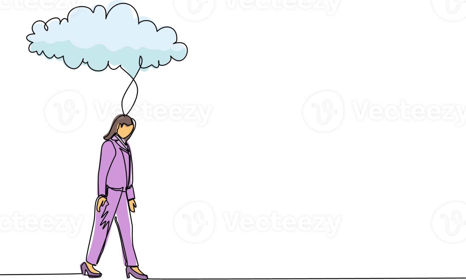 Single continuous line drawing unhappy depressed sad businesswoman in stress walking under rain cloud. Alone loser female depression. Loneliness in overcast weather. One line graphic design png