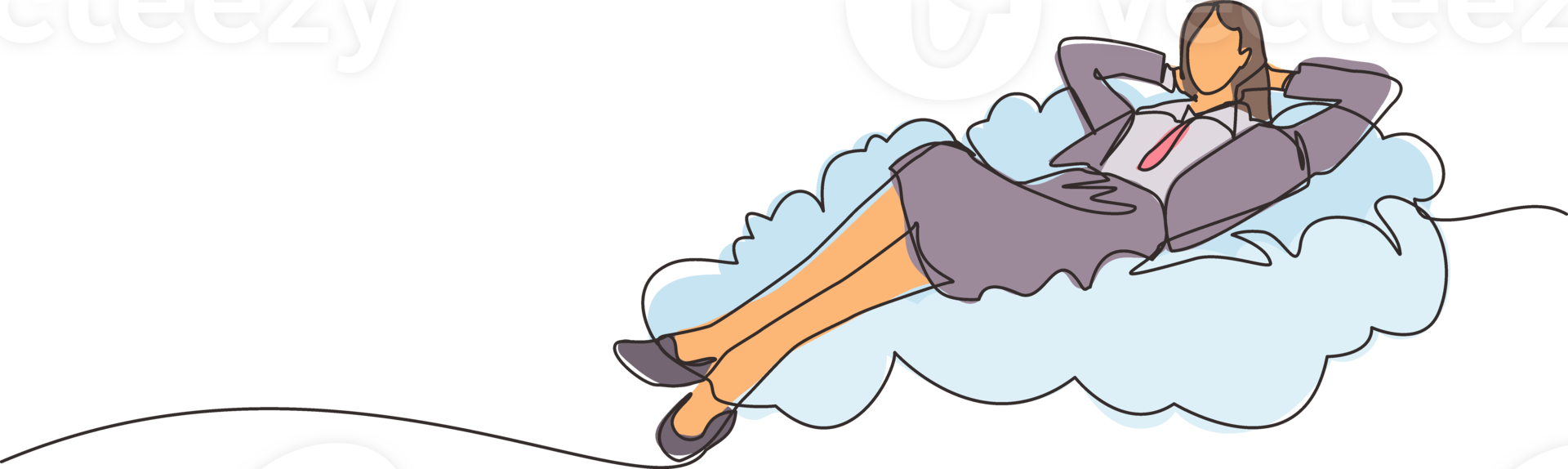 Single one line drawing relaxed and successful happy young businesswoman relaxing laying on clouds. Break, vacation, coffee time and relaxation. Continuous line draw design graphic illustration png