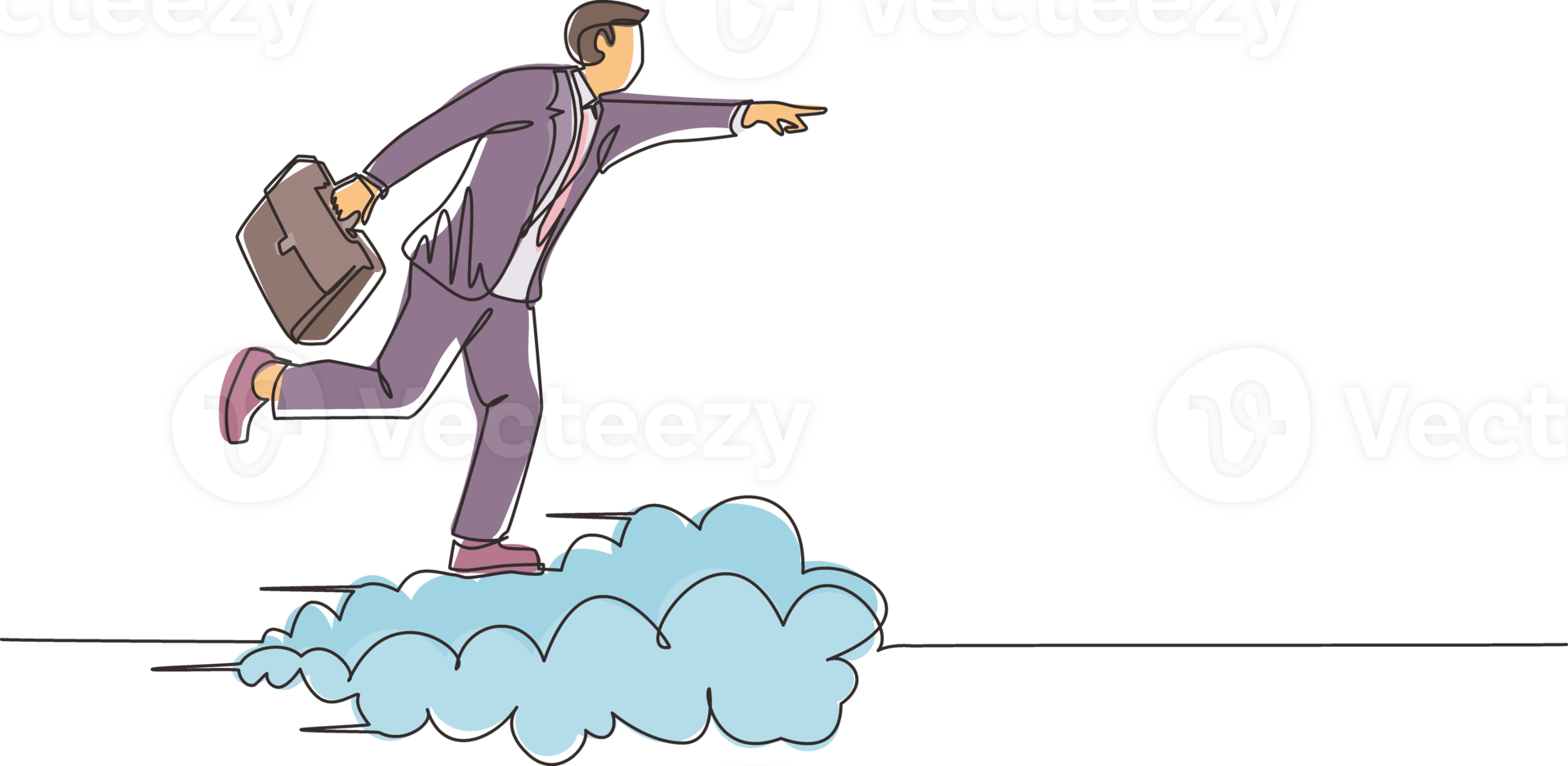 Single one line drawing businessman holding briefcase ride cloud, pointing forward, go to future, business concept. Man on cloud way to success. Continuous line draw design graphic illustration png