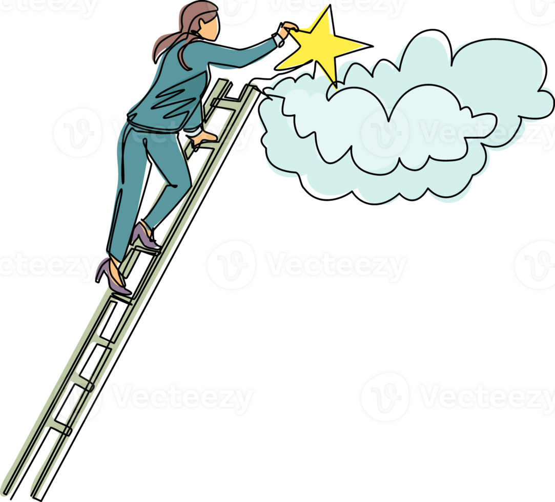 Continuous one line drawing businesswoman standing on stairs and reaching star on the sky. Goals and dreams. Business, career, achievement concept. Single line draw design graphic illustration png