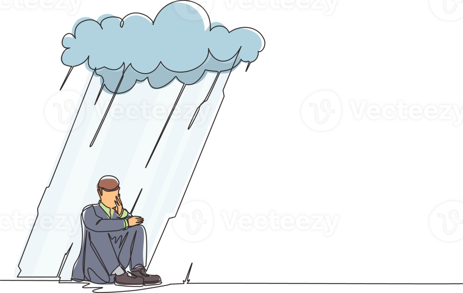 Single continuous line drawing businessman feeling sad and depression sitting under rain and cloud. Unhappy depressed loneliness sad worker in stress with problem. One line draw design graphic png
