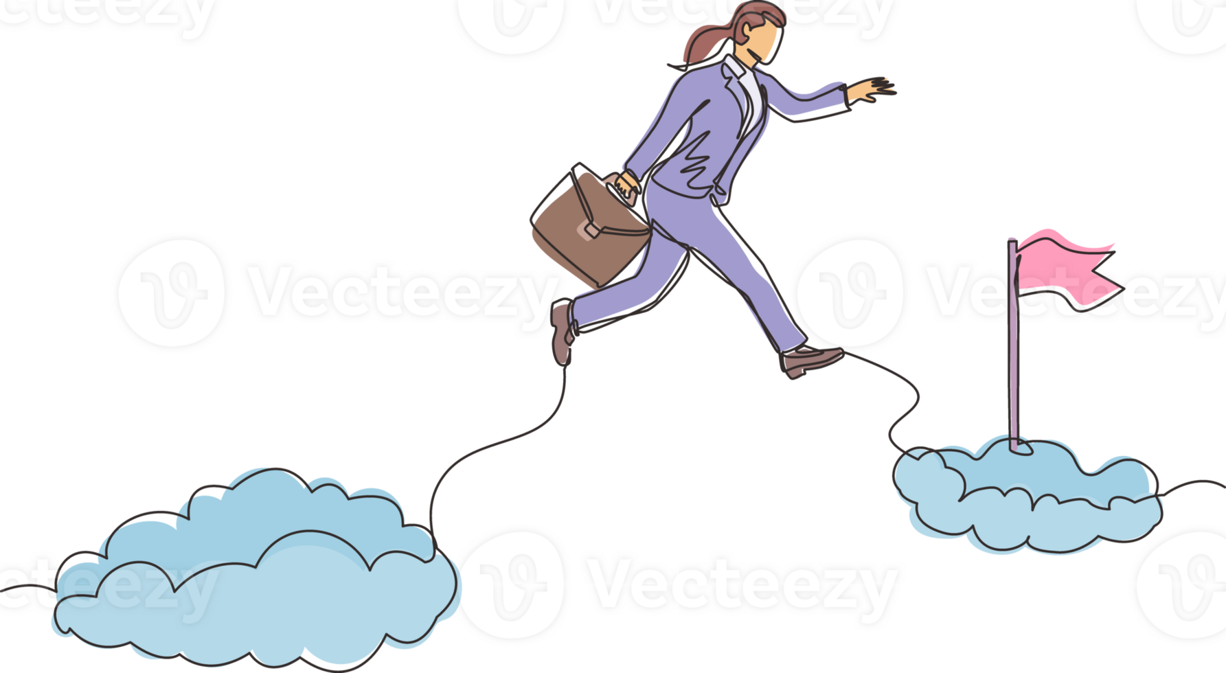 Single einer Linie Zeichnung furchtlos mutig Geschäftsfrau machen Risiko durch springen Über Wolken zu erreichen ihr Erfolg Ziel oder Flagge. Herausforderung von ihr Karriere. kontinuierlich Linie zeichnen Design Grafik Illustration png