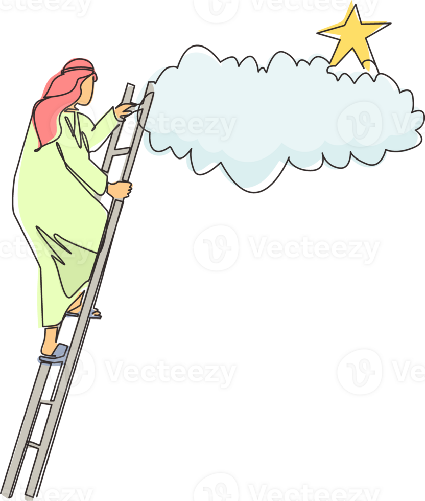 Continuous one line drawing Arab businessman climbing ladder to reach out for stars. Businessman climbing to goal. Motivation to be success, winner, finish, win. Single line draw design graphic png